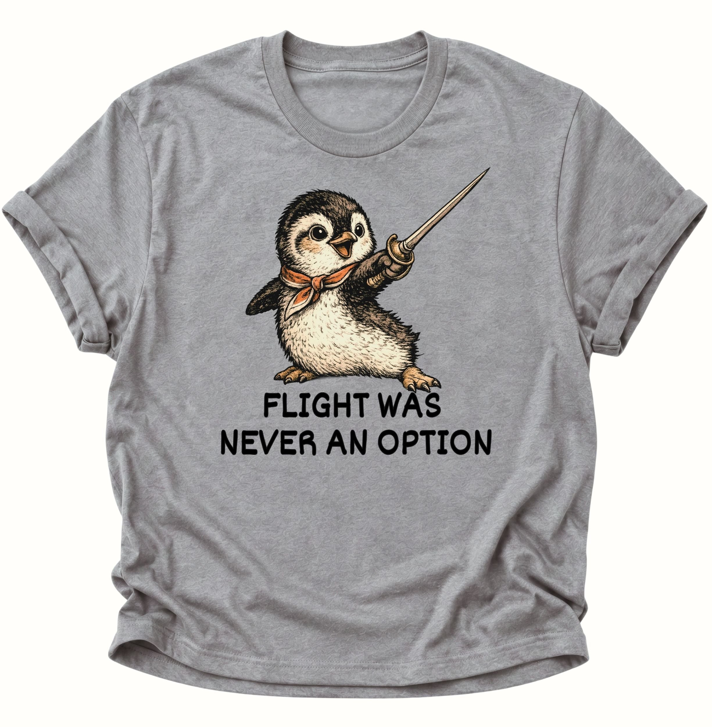 Sport Grey Unisex T-Shirt mit gezeichnetem Pinguin, Halstuch, Degen und lustigem Spruch.
