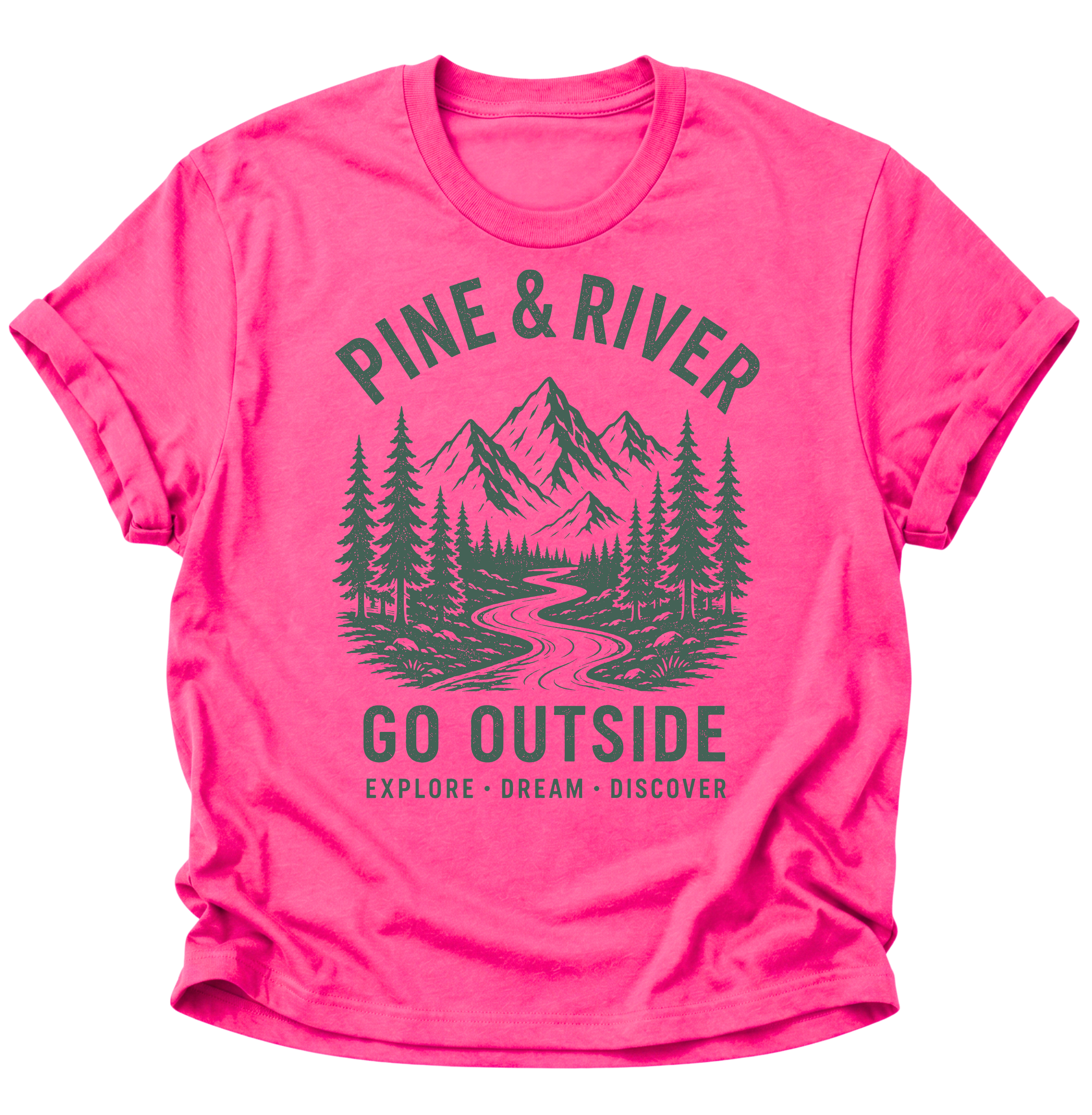 Unisex T-Shirt in Heliconia mit Outdoor-Illustration und Schriftzug „Go Outside“ von Pine & River.
