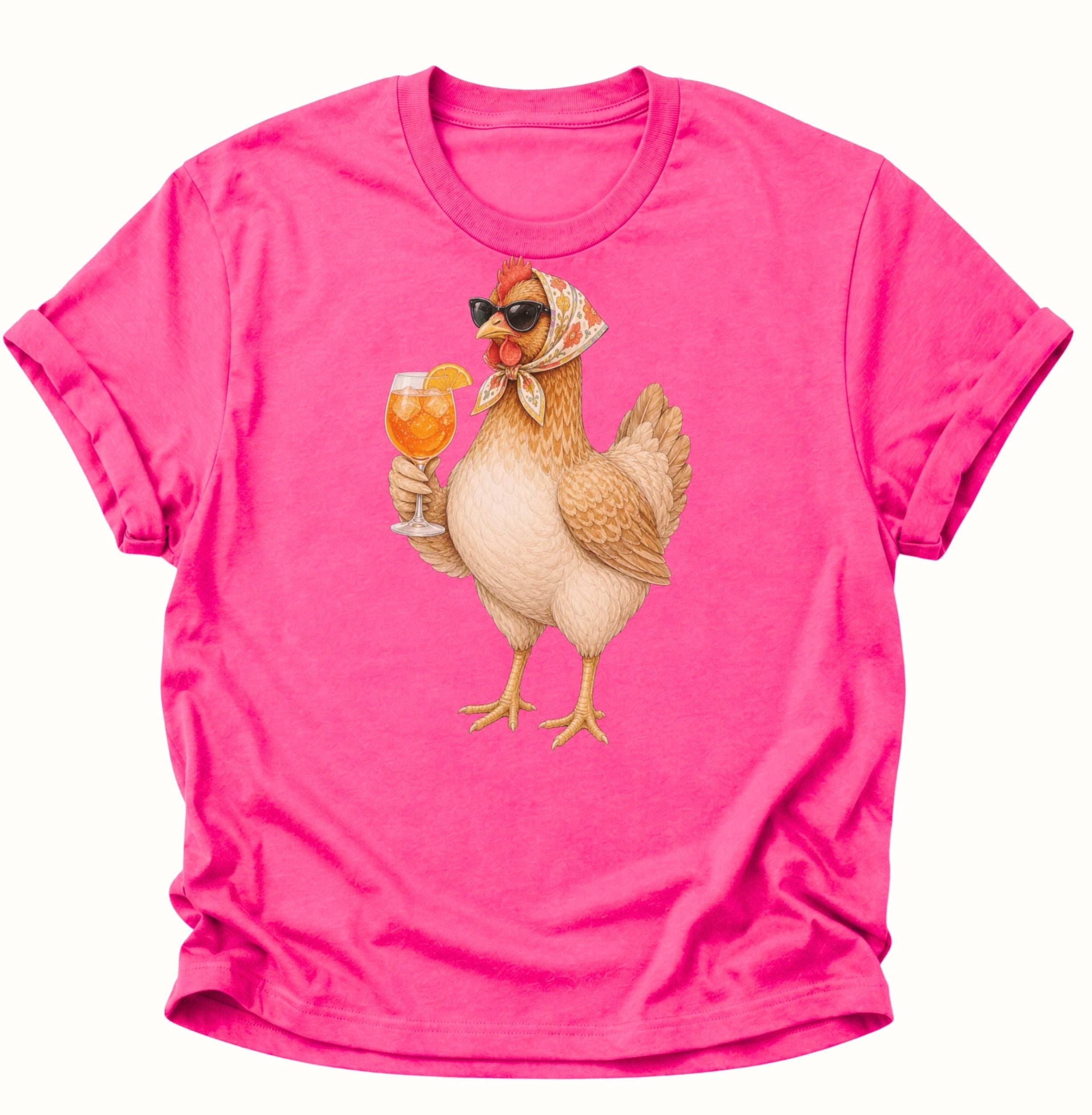 Heliconia Unisex T-Shirt mit cooler Hühnerdame, geblümtem Kopftuch und Orangencocktail von Pine & River.
