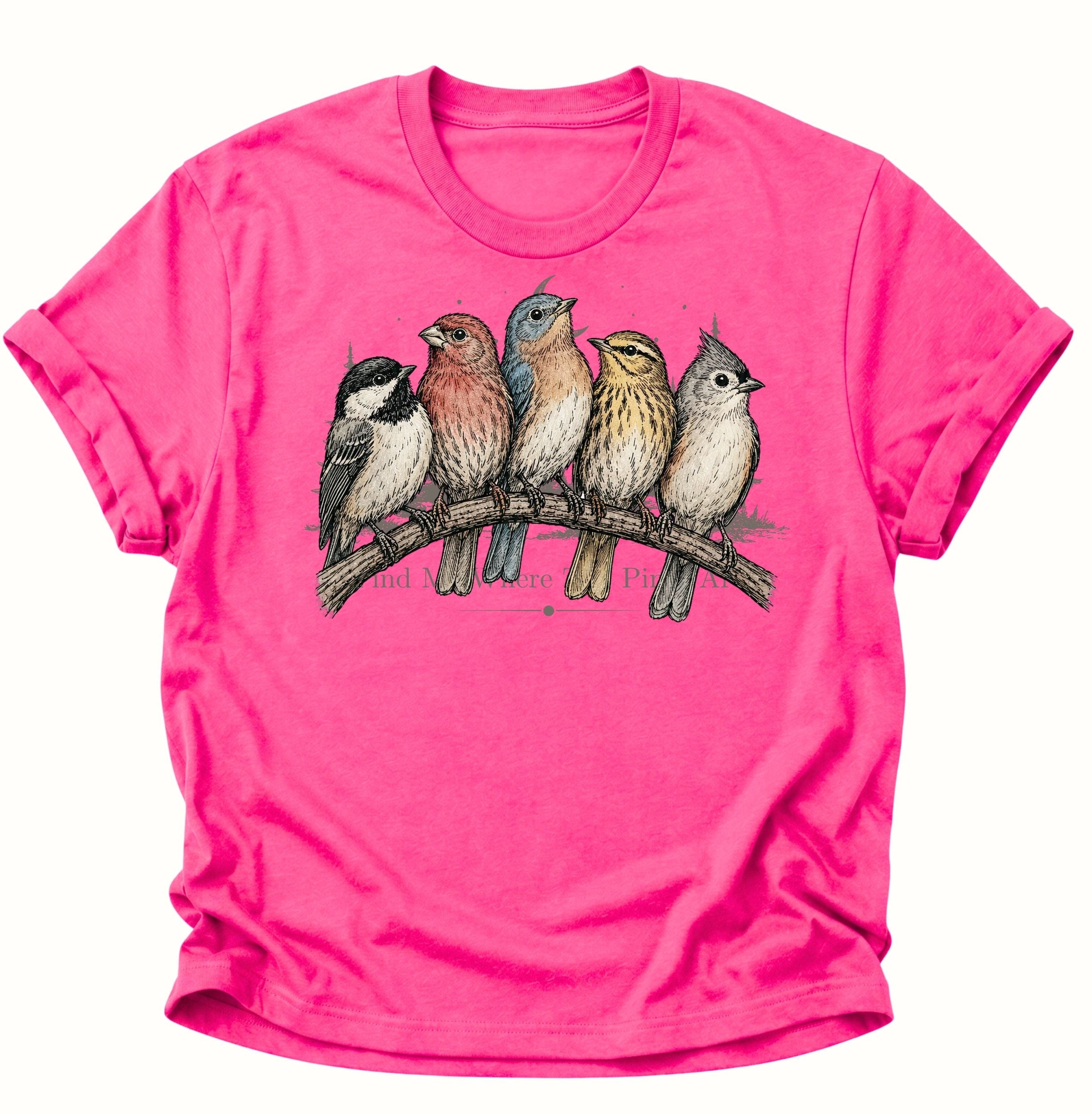 Heliconia Unisex T-Shirt mit farbiger Vogelillustration und fünf Vögeln auf einem Ast von Pine & River.

