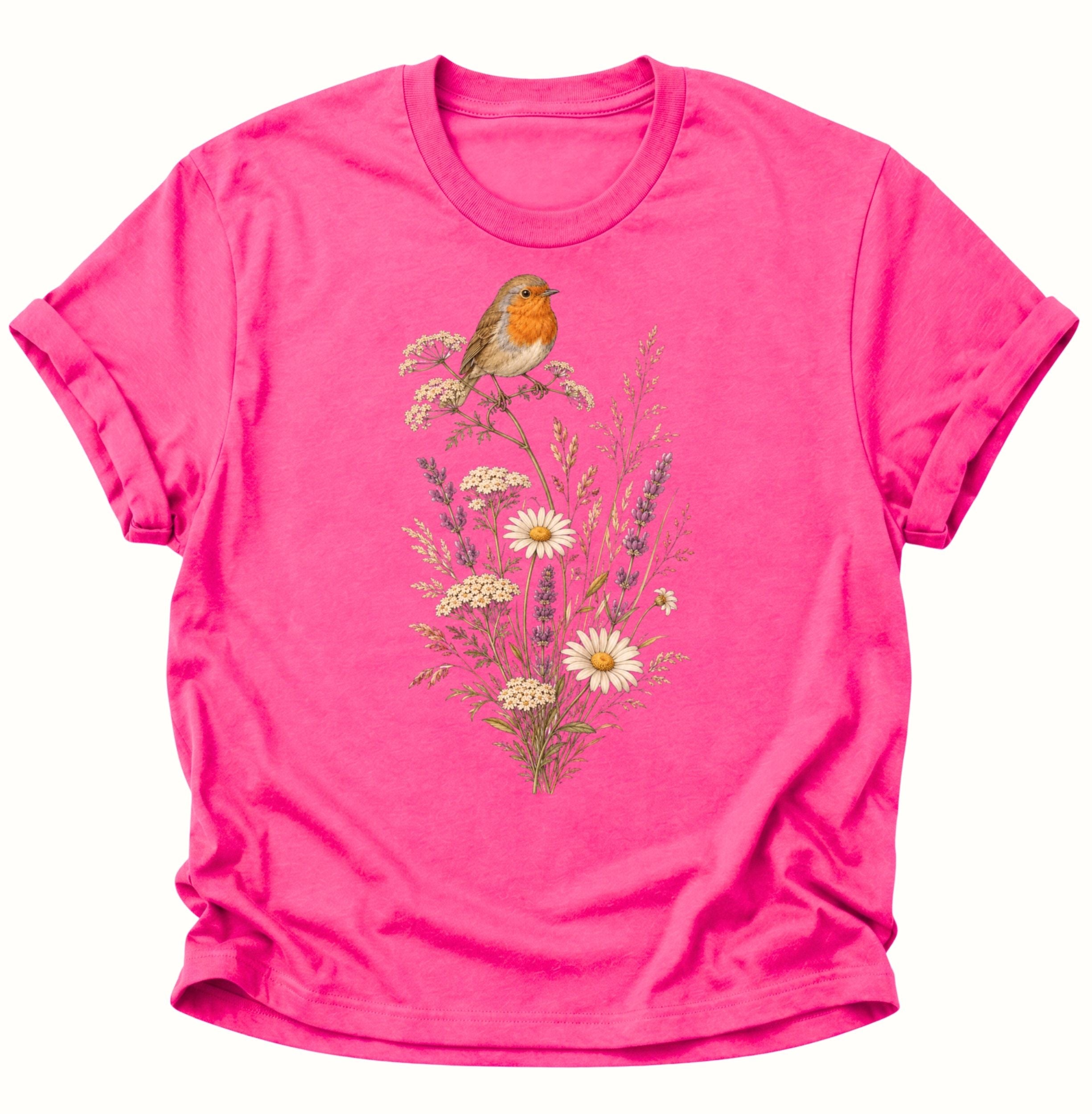 Heliconia Unisex T-Shirt mit gezeichnetem Rotkehlchen, Gänseblümchen und Blütenzweigen von Pine & River.
