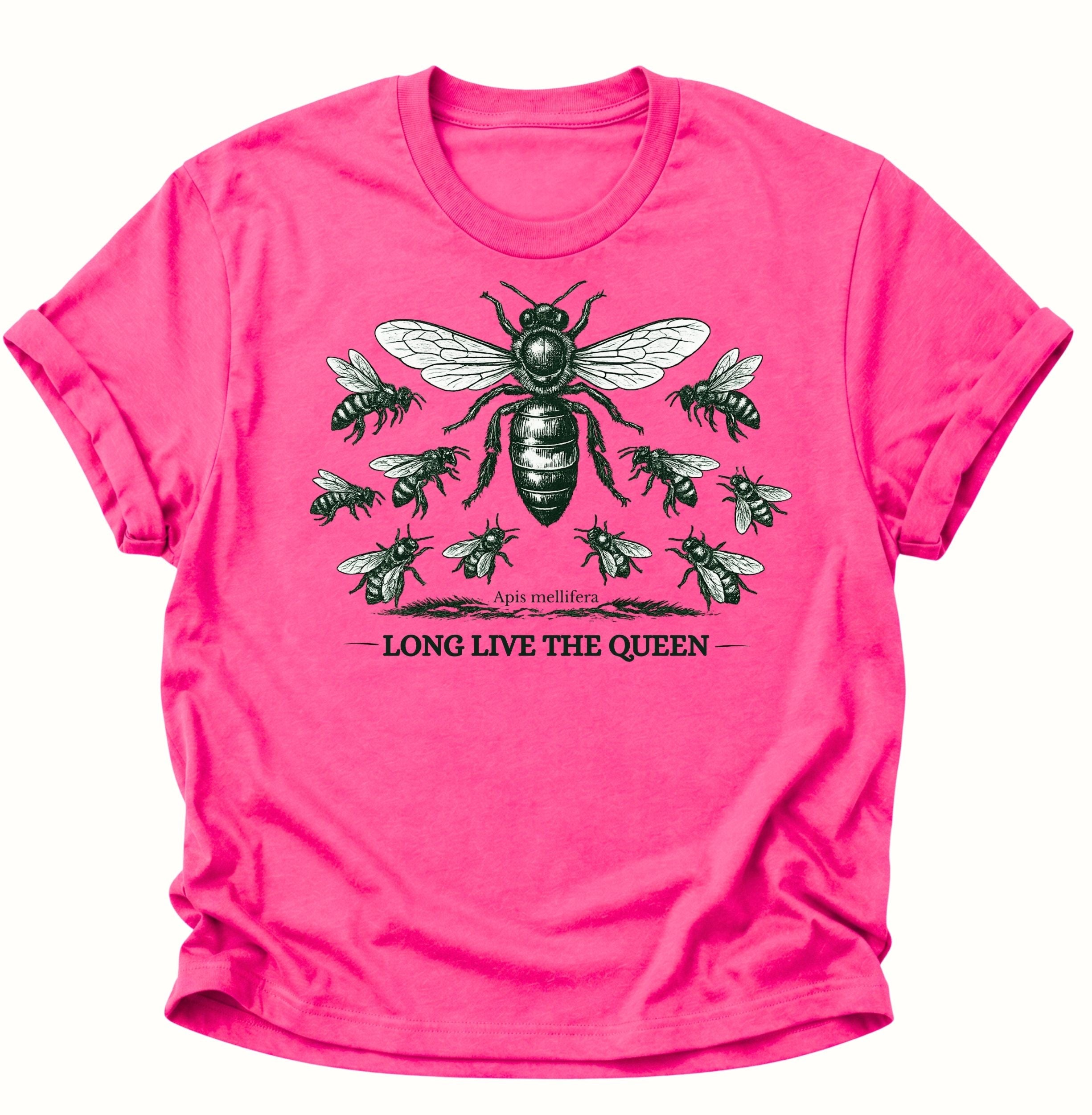 Heliconia Unisex T-Shirt mit detailgezeichneter Bienenkönigin und „Long Live the Queen“ von Pine & River.
