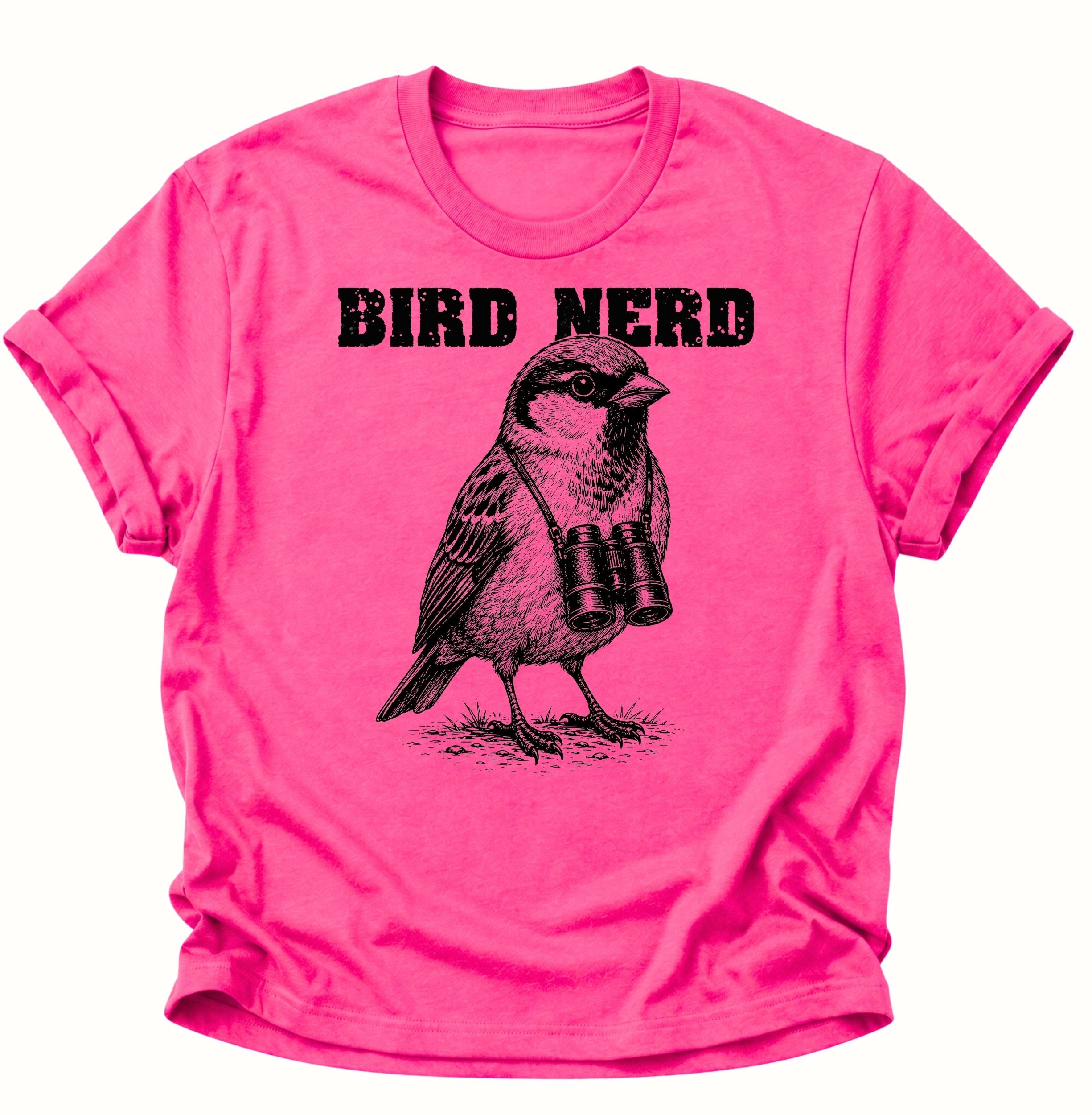 Heliconia Unisex T-Shirt mit schwarz gezeichnetem Vogel, Fernglas und Bird-Nerd-Schriftzug von Pine & River.
