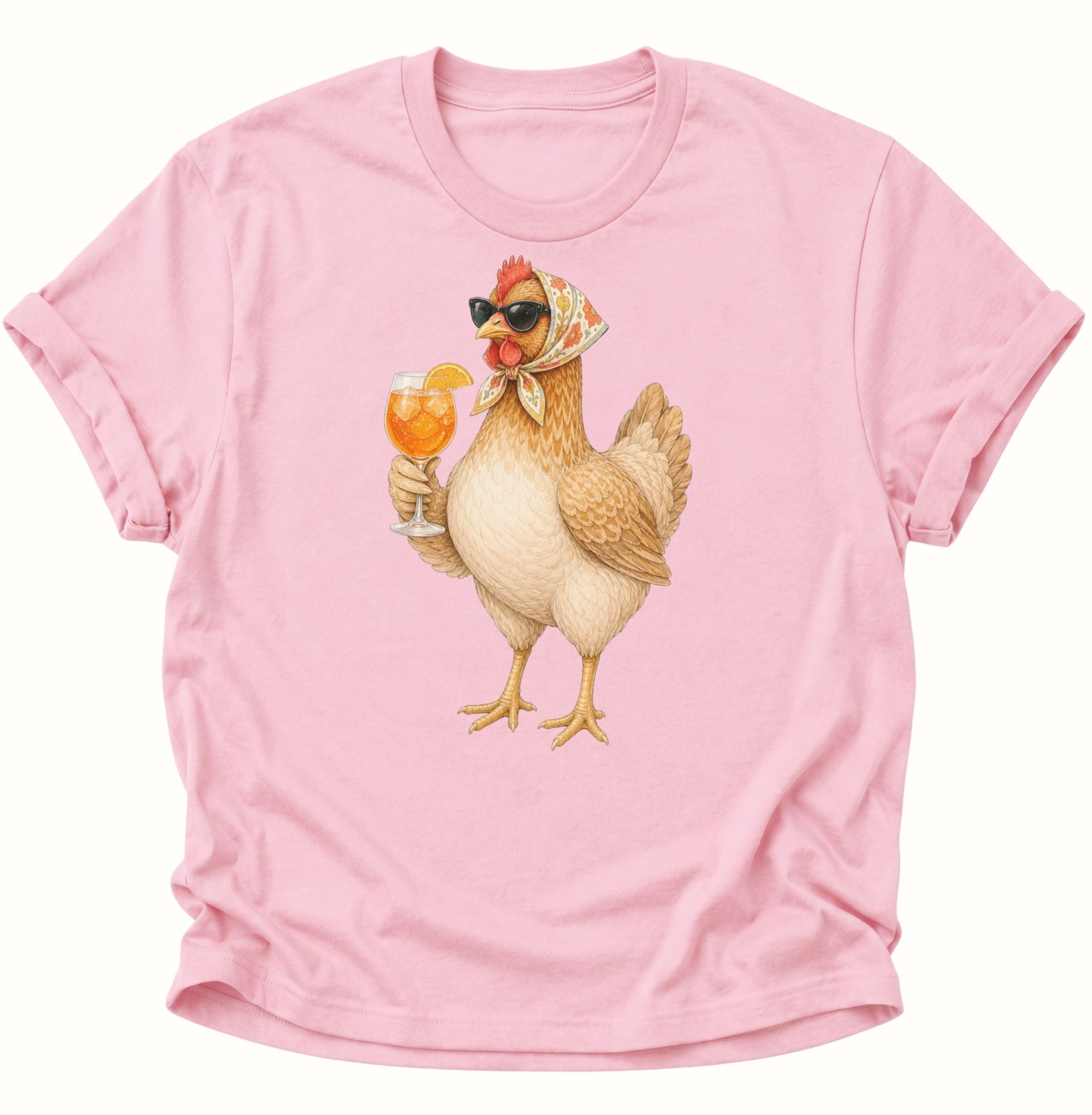 Light pink Unisex T-Shirt mit humorvoller Henne, Sonnenbrille und Cocktailglas mit Eiswürfeln von Pine & River.
