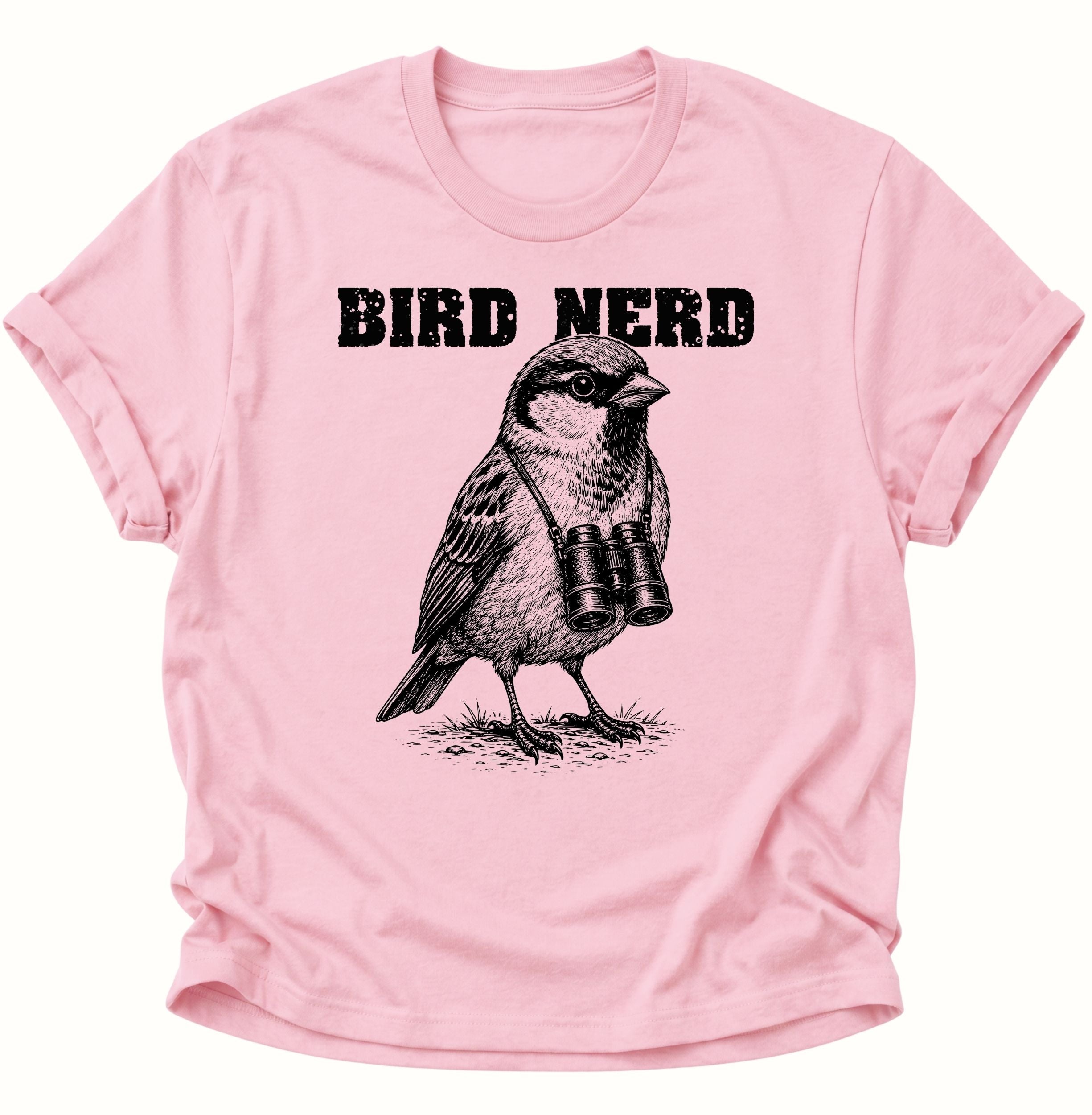 Light pink Unisex T-Shirt mit Vogelbeobachter-Motiv, Fernglas und „BIRD NERD“ von Pine & River.
