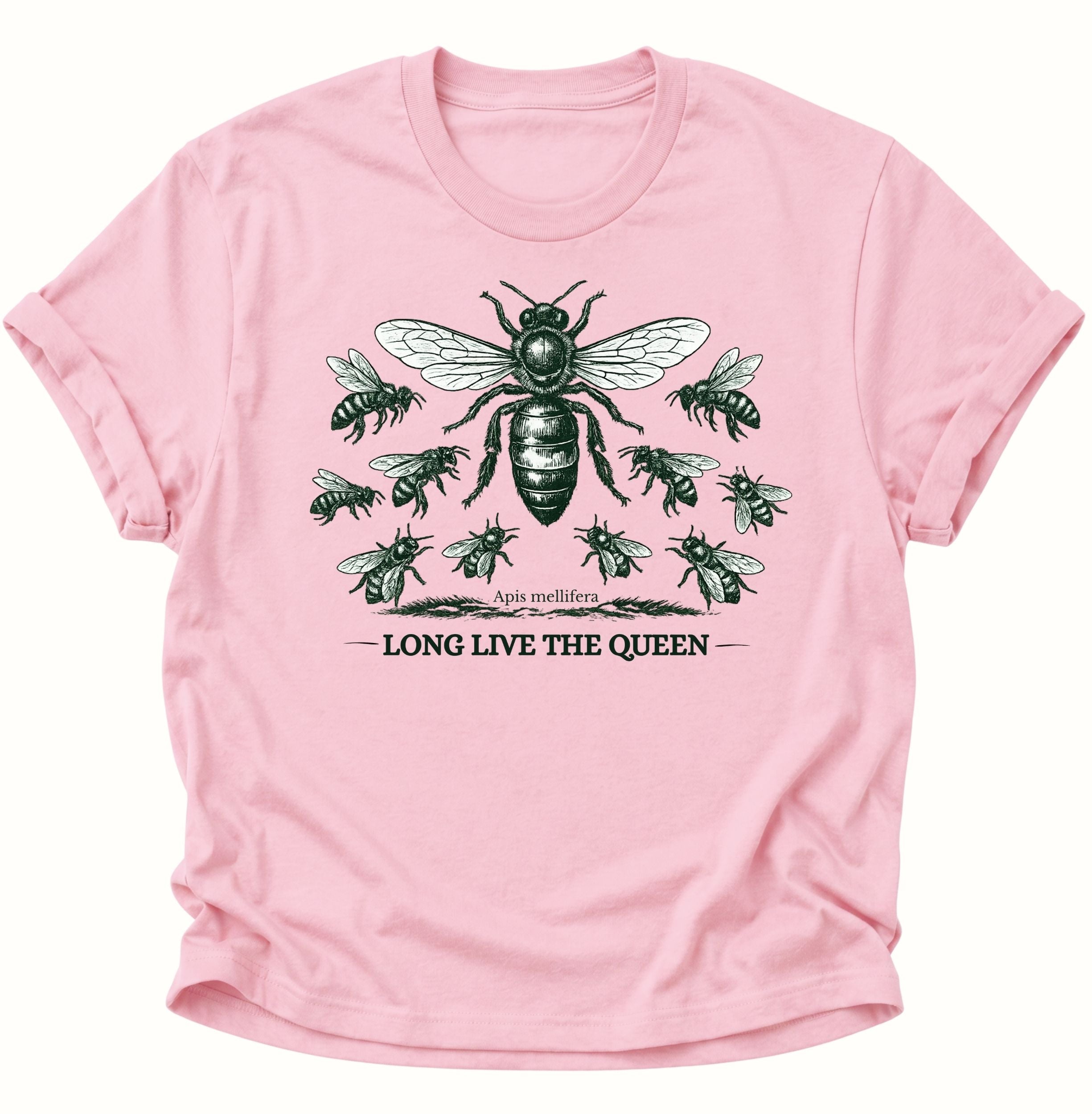 Light pink Unisex T-Shirt mit Bienenkönigin im Vintage-Stil und kleinen Honigbienen von Pine & River.
