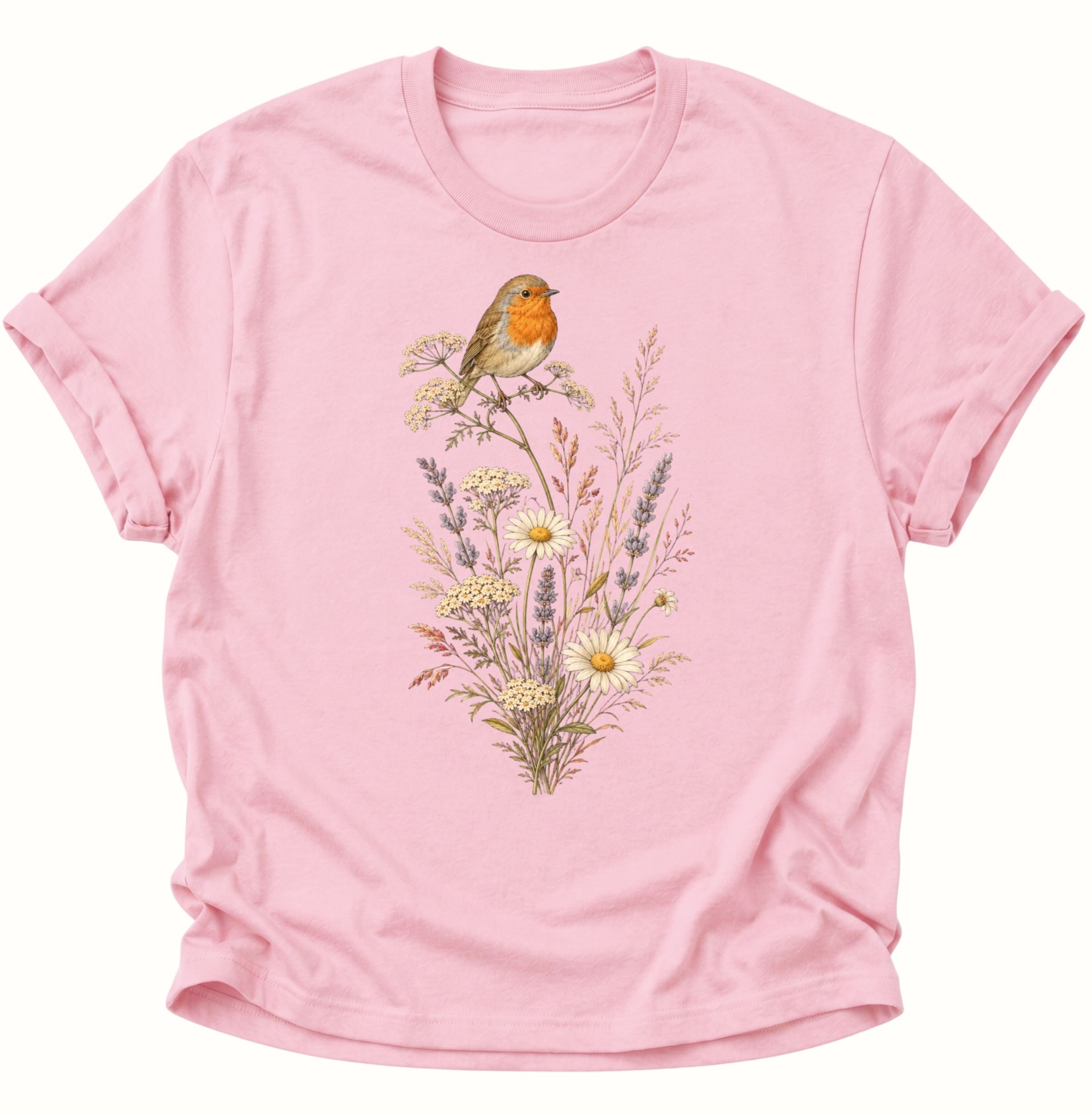 Light pink Unisex T-Shirt mit Rotkehlchen auf einem filigranen Wildblumenstrauß von Pine & River.
