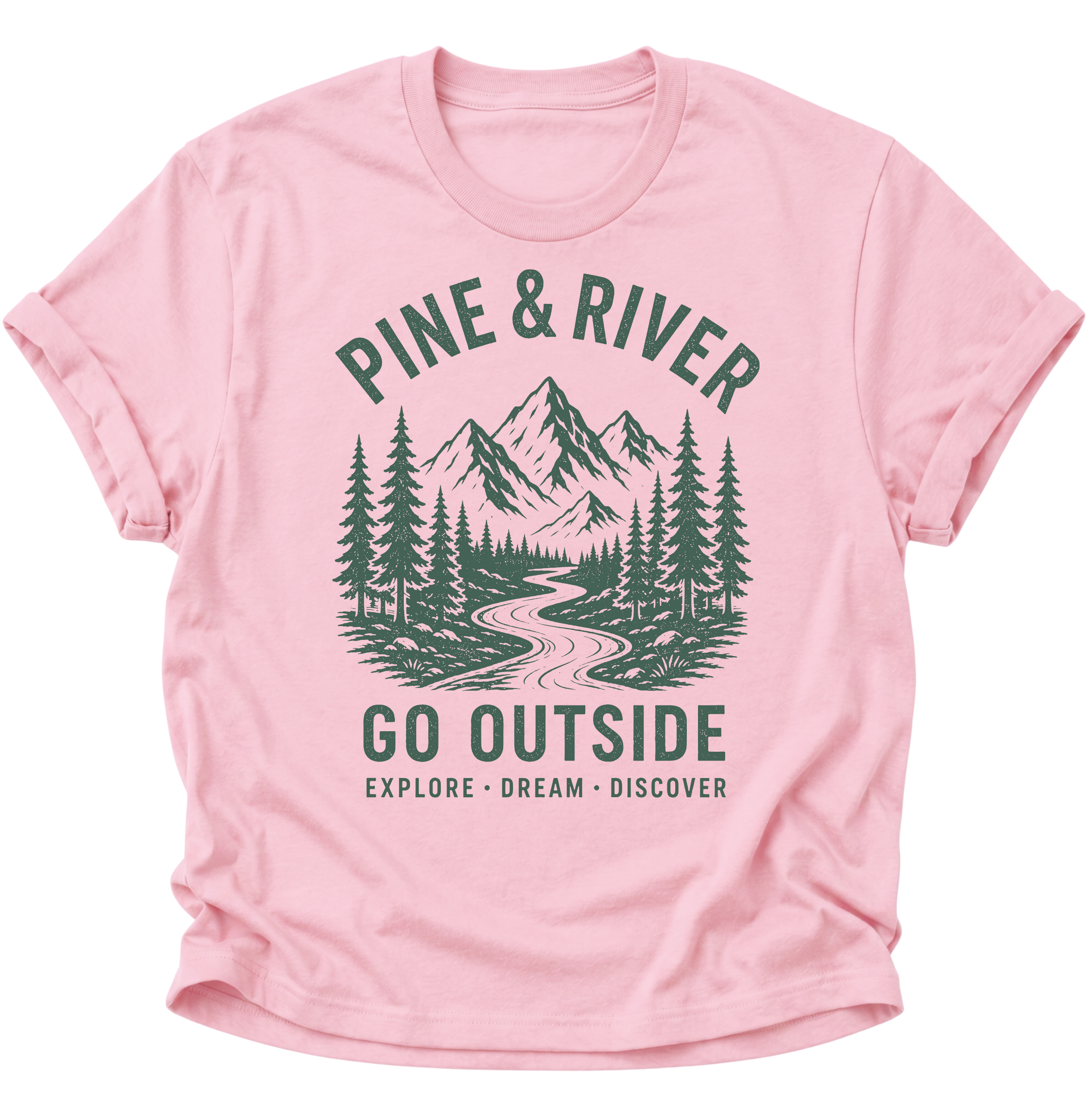 Unisex T-Shirt in Light pink mit Retro-Naturmotiv aus Bergen, Tannen und Fluss von Pine & River.
