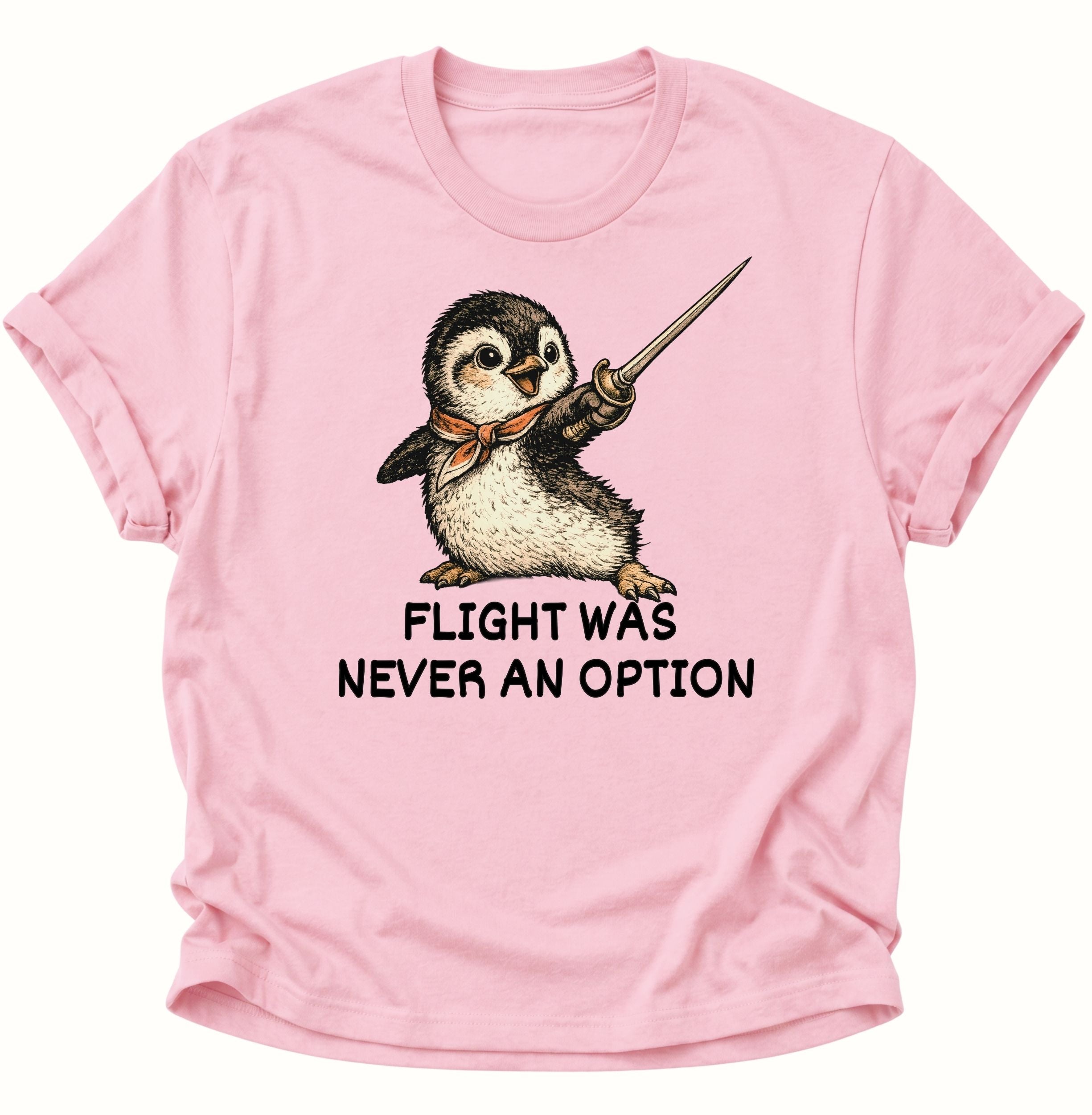Light pink Unisex T-Shirt mit süßem Pinguin, Degen und humorvoller Abenteuerillustration.

