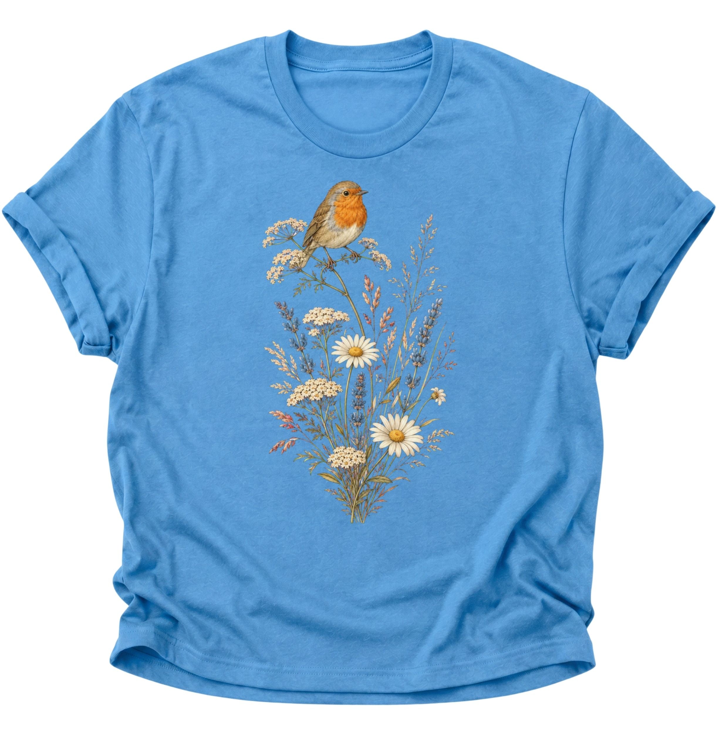 Carolina Blue Unisex T-Shirt mit orangebrüstigem Rotkehlchen und botanischem Blumenmotiv von Pine & River.
