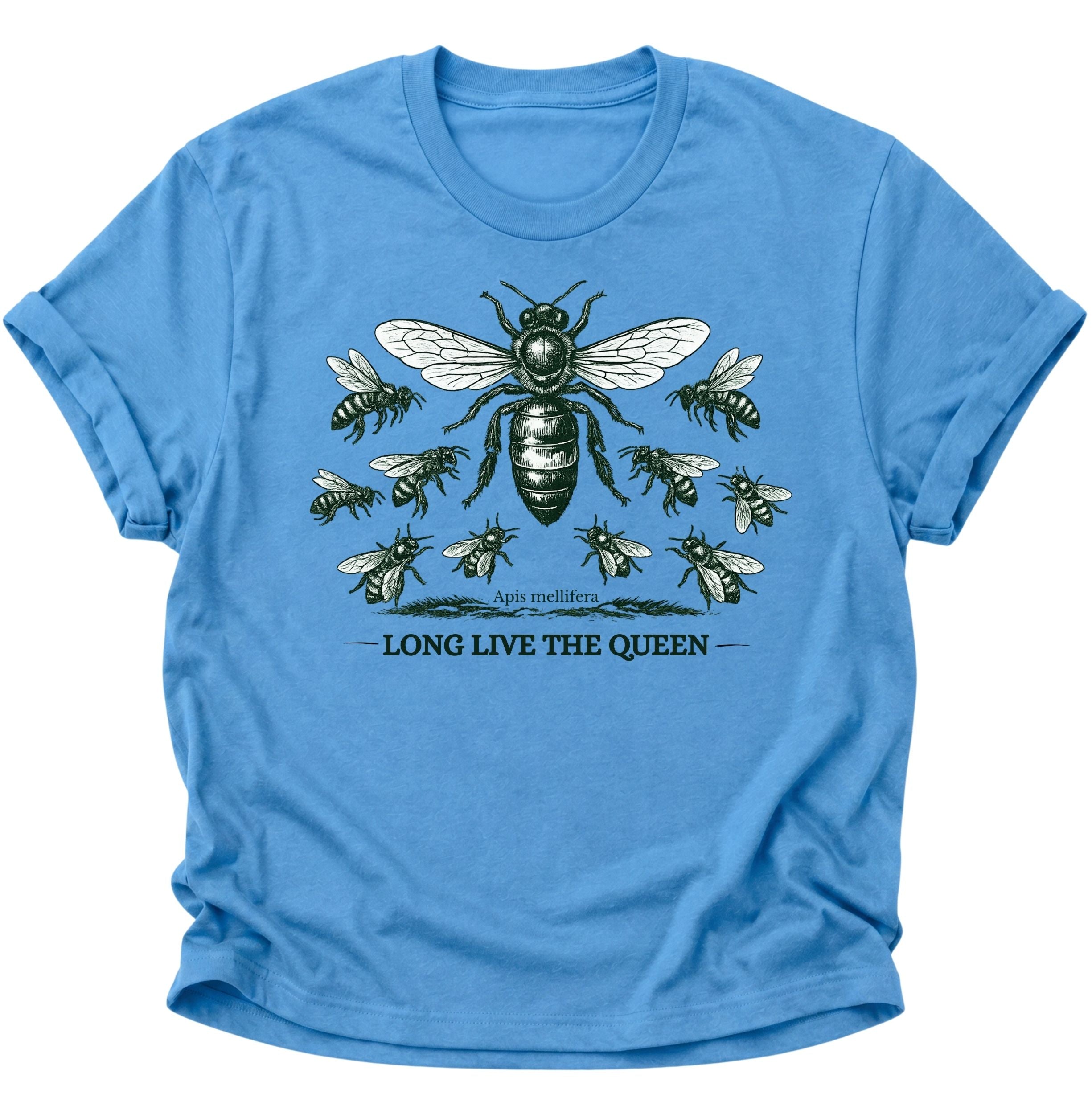 Carolina Blue Unisex T-Shirt mit großer Honigbiene und dem Schriftzug „Apis mellifera“ von Pine & River.
