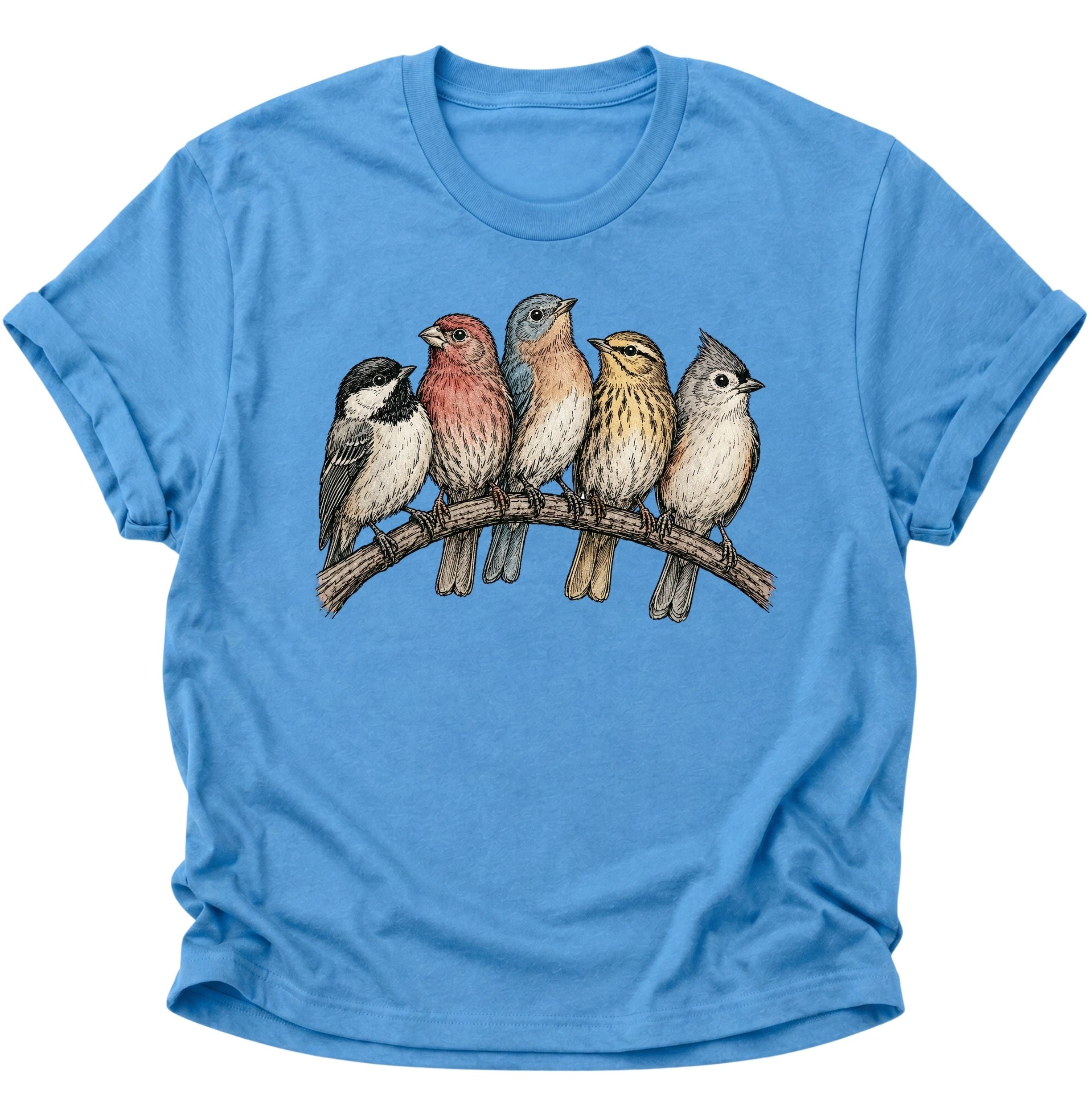 Carolina Blue Unisex T-Shirt mit bunter Vogelgruppe auf einem geschwungenen Ast von Pine & River.
