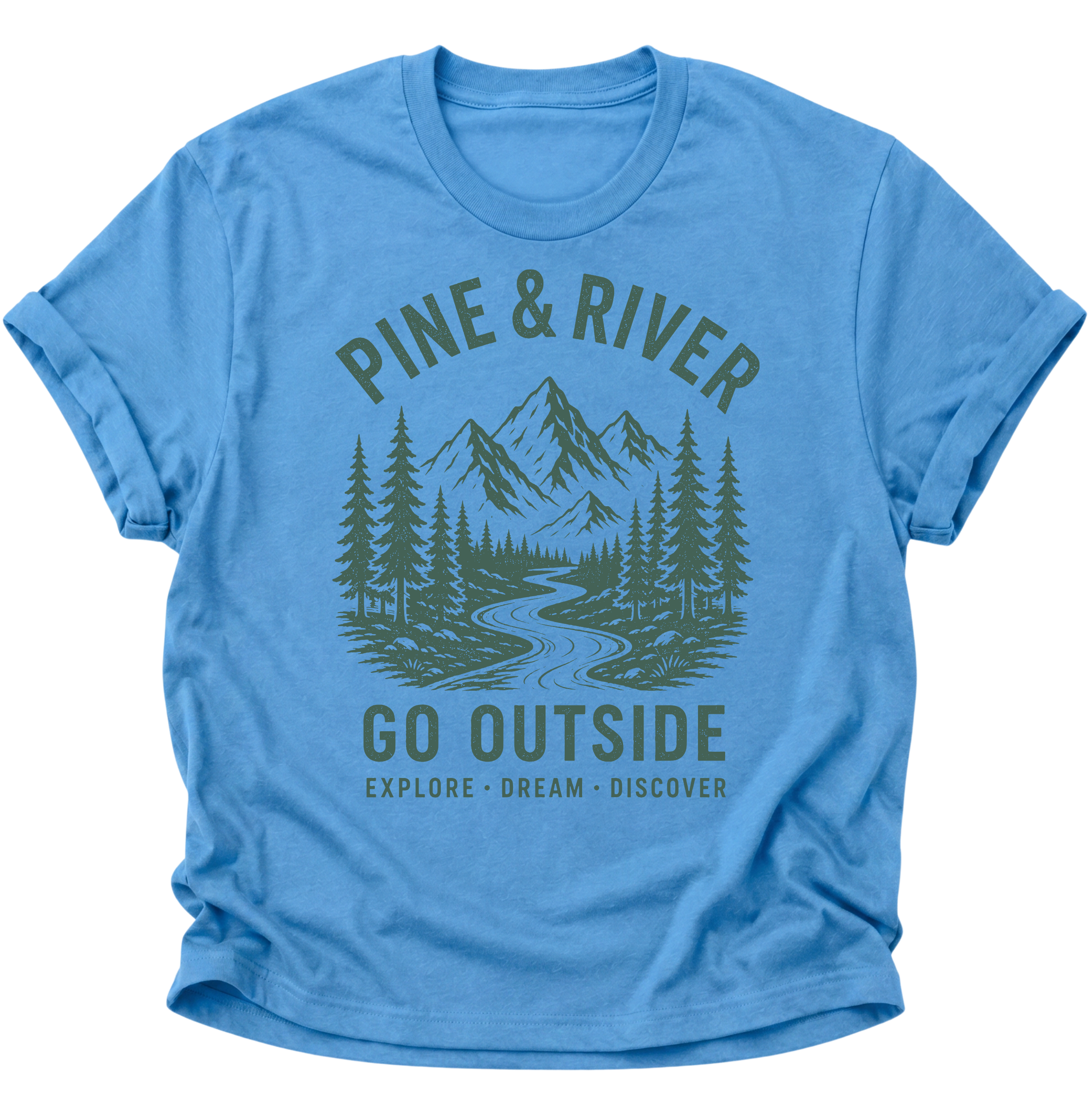 Unisex T-Shirt in Carolina Blue mit Wald-, Fluss- und Bergmotiv für Wanderer von Pine & River.
