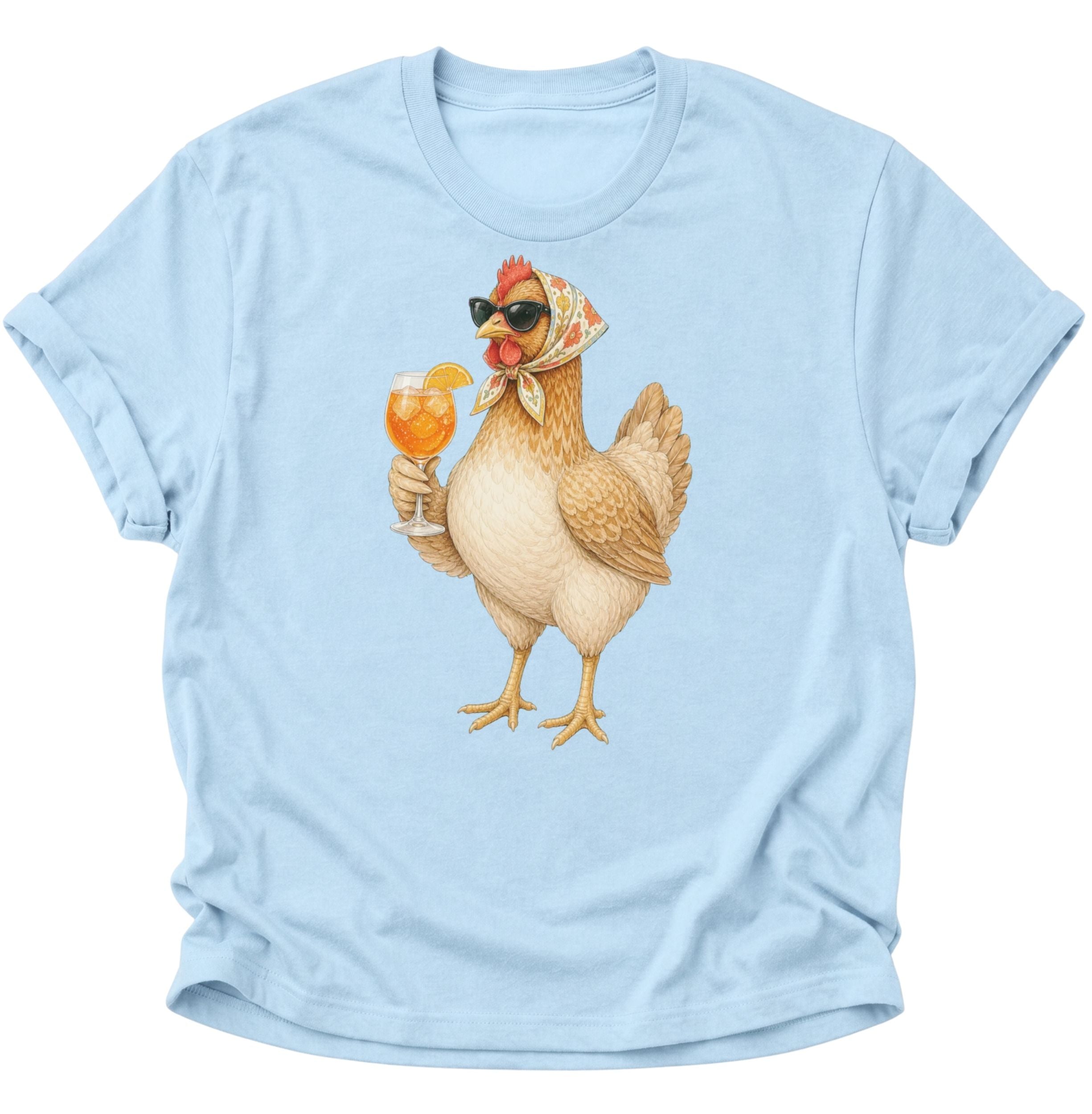 Light Blue Unisex T-Shirt mit Huhn in Sonnenbrille, geblümtem Kopftuch und orangefarbenem Drink von Pine & River.
