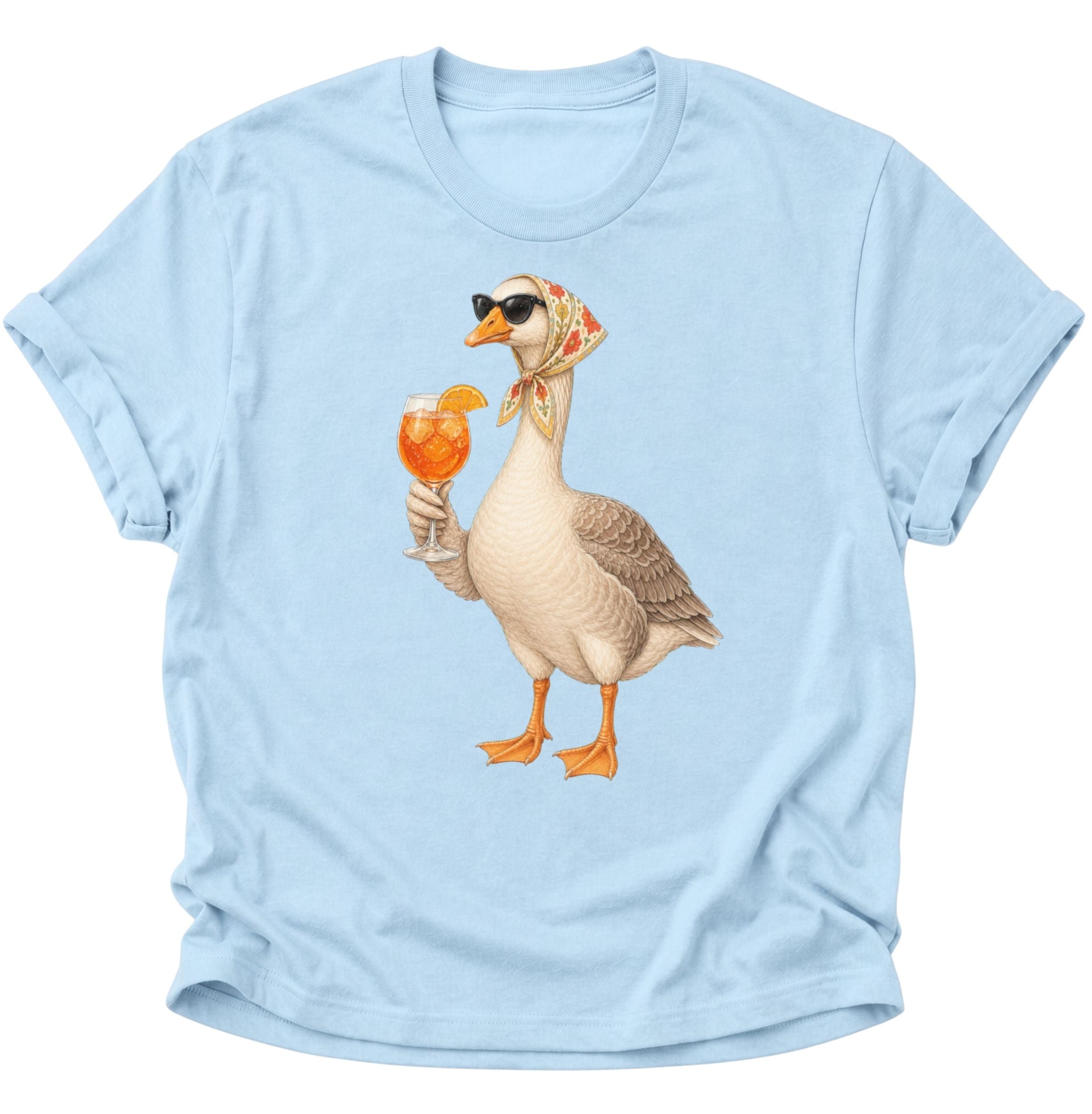 Light Blue Unisex T-Shirt mit humorvoller Gans, Sonnenbrille und orangefarbenem Getränk von Pine & River.
