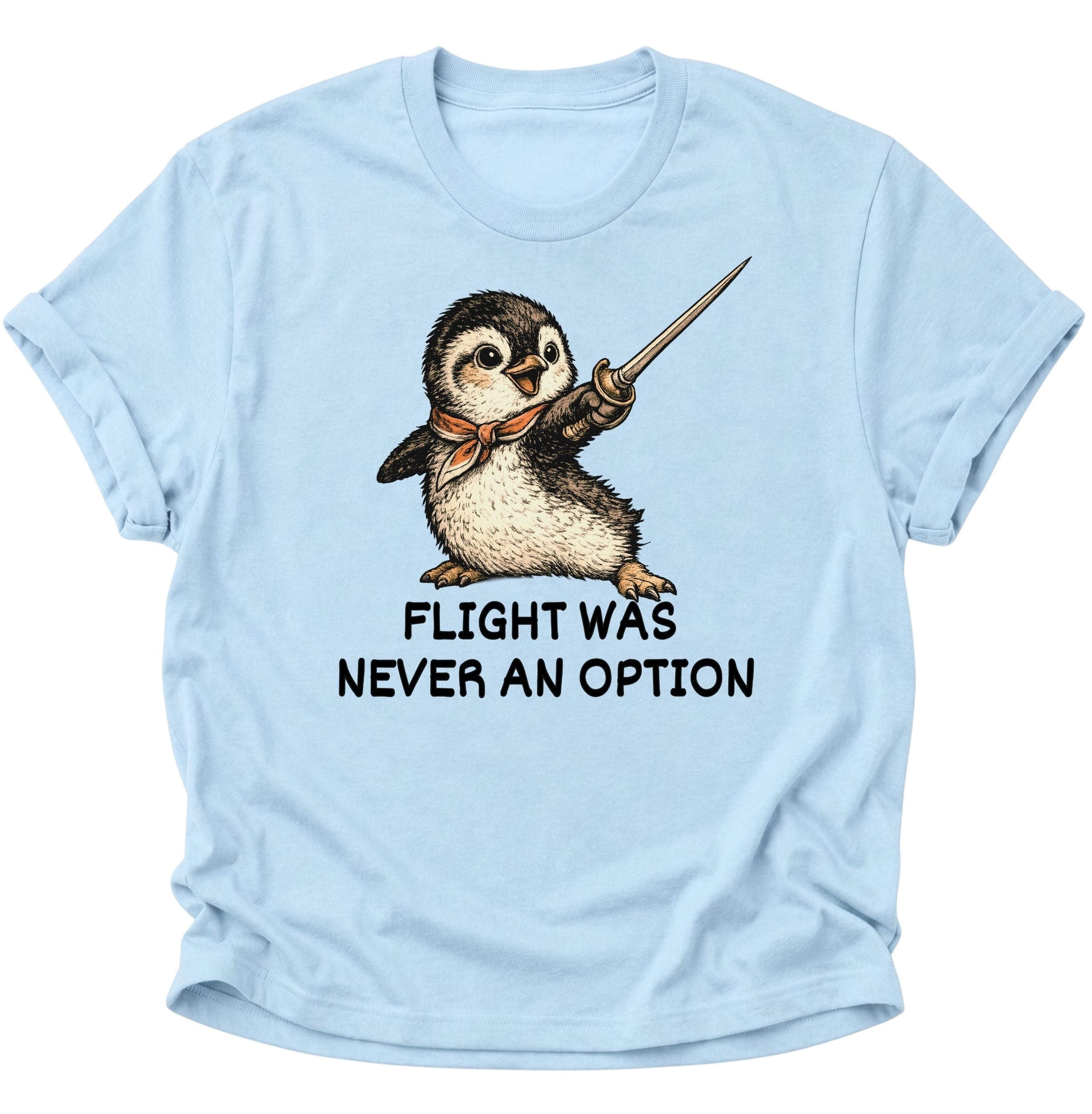 Light Blue Unisex T-Shirt mit humorvollem Pinguinmotiv, Halstuch und erhobenem Degen.
