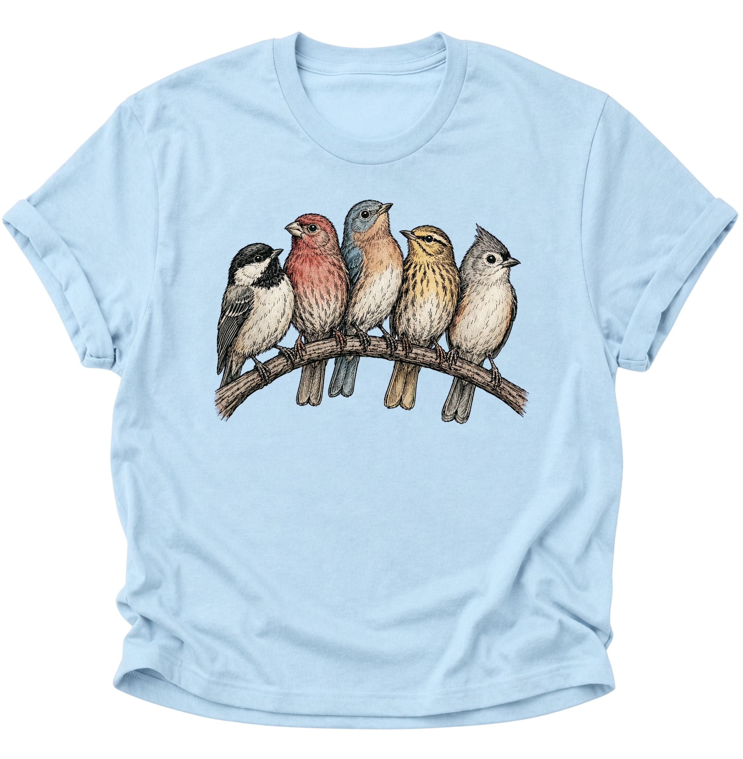 Light Blue Unisex T-Shirt mit fünf gezeichneten Singvögeln im Vintage-Stil von Pine & River.
