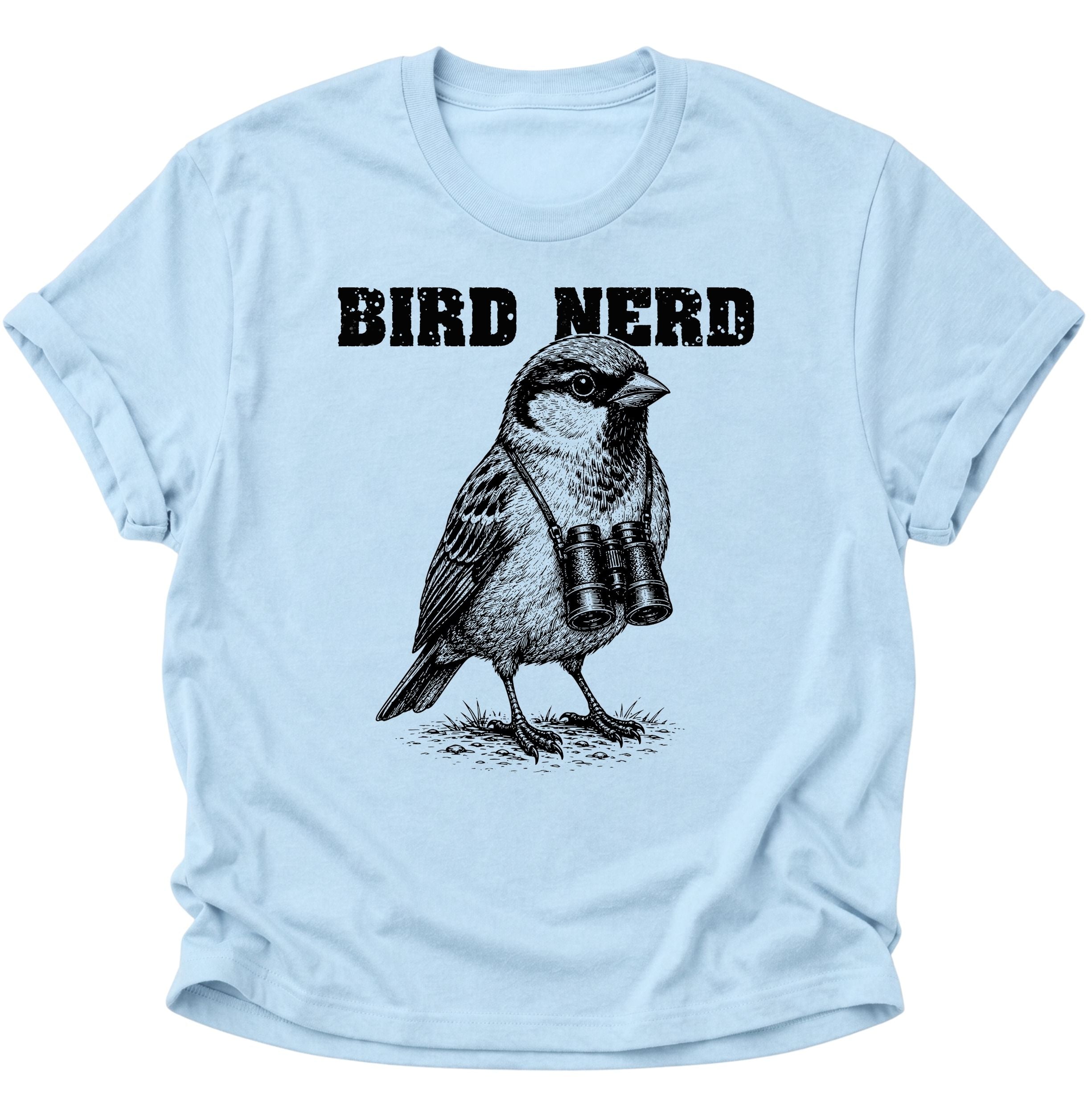 Light Blue Unisex T-Shirt mit Vintage-Vogelmotiv, Fernglas und dem Schriftzug „BIRD NERD“ von Pine & River.
