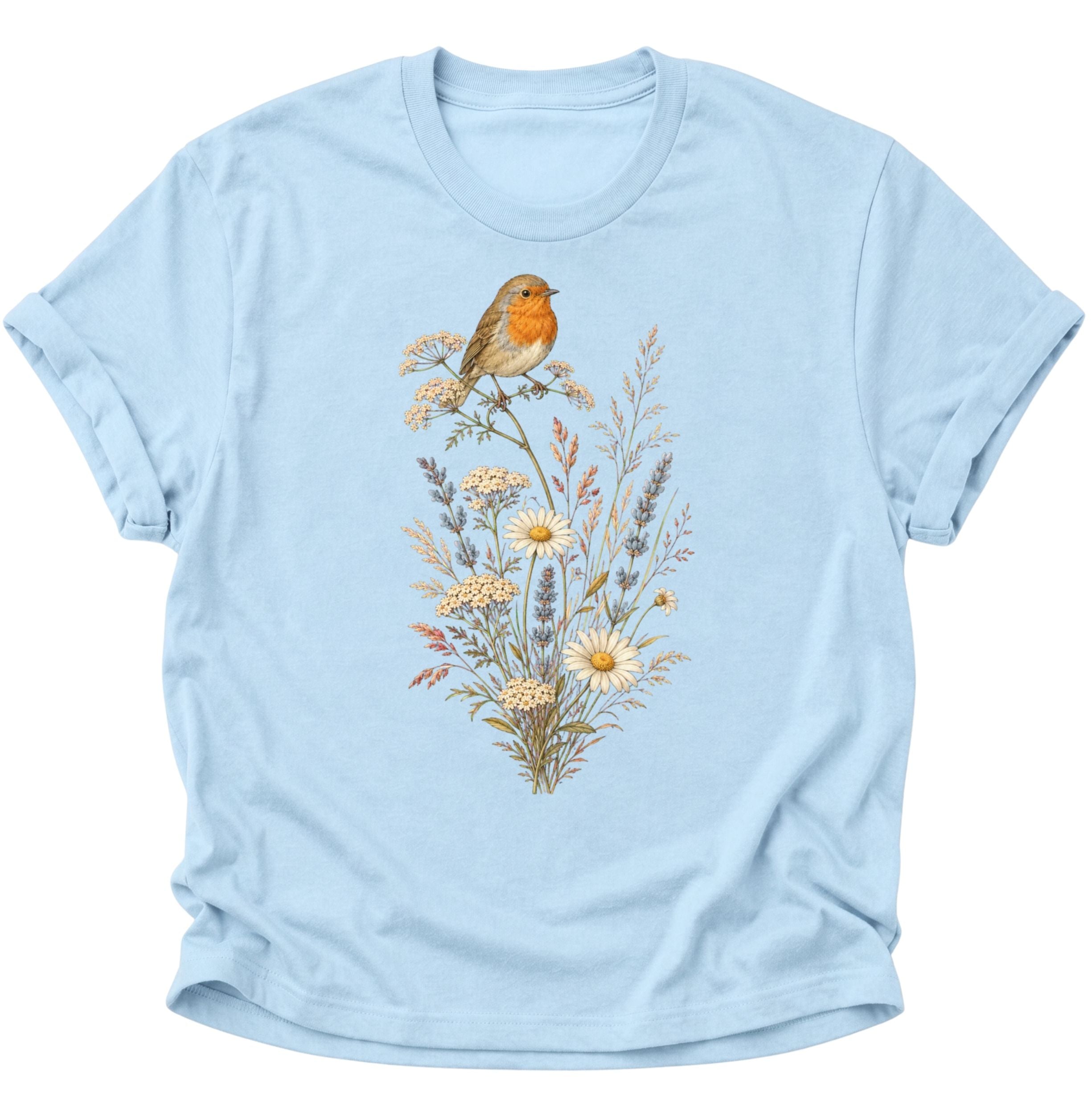 Light Blue Unisex T-Shirt mit Rotkehlchen zwischen zarten Gräsern und Wildblumen von Pine & River.

