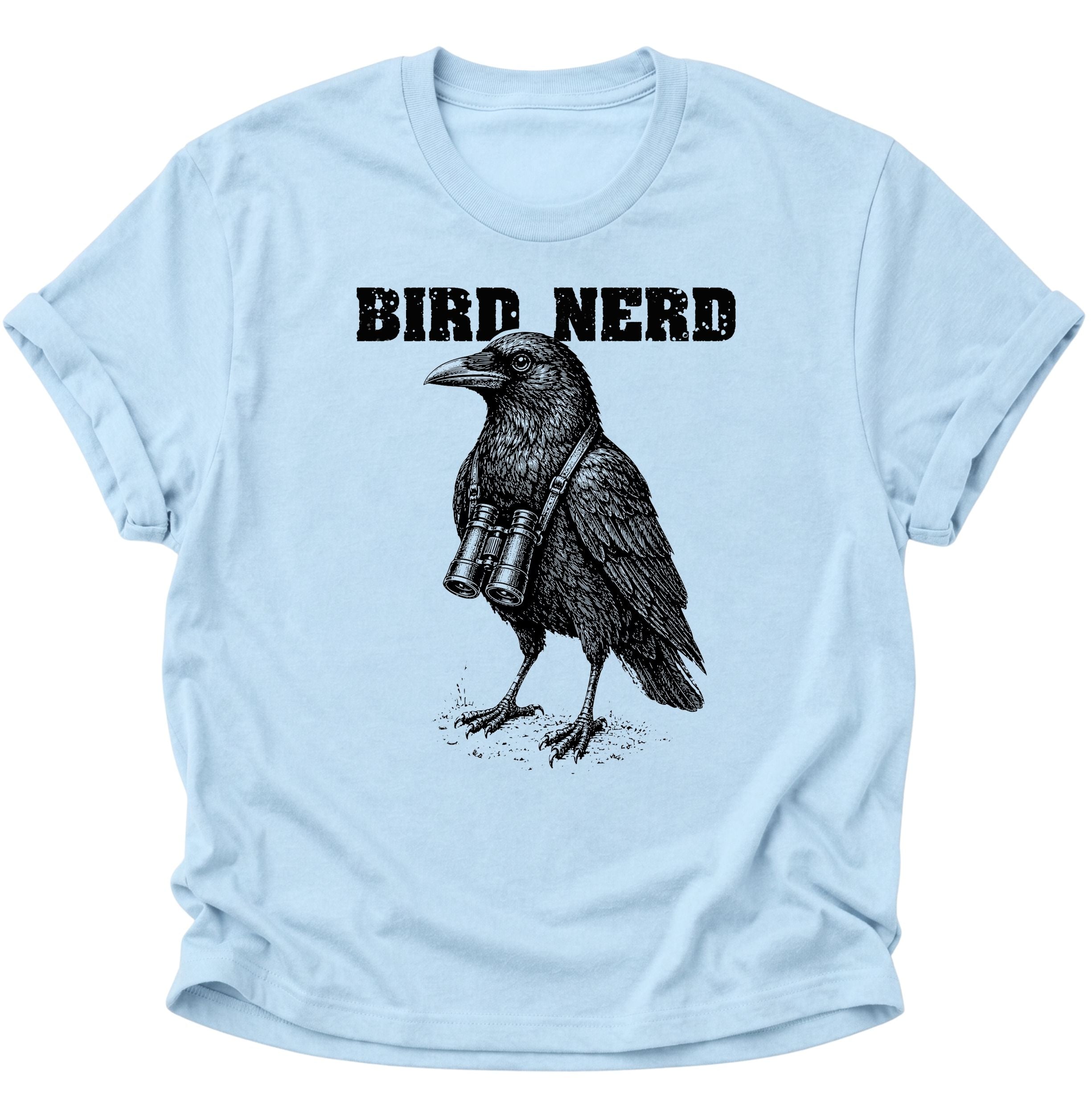 Light Blue Unisex T-Shirt mit Vintage-Rabenvogel, umgehängtem Fernglas und „BIRD NERD“ von Pine & River.
