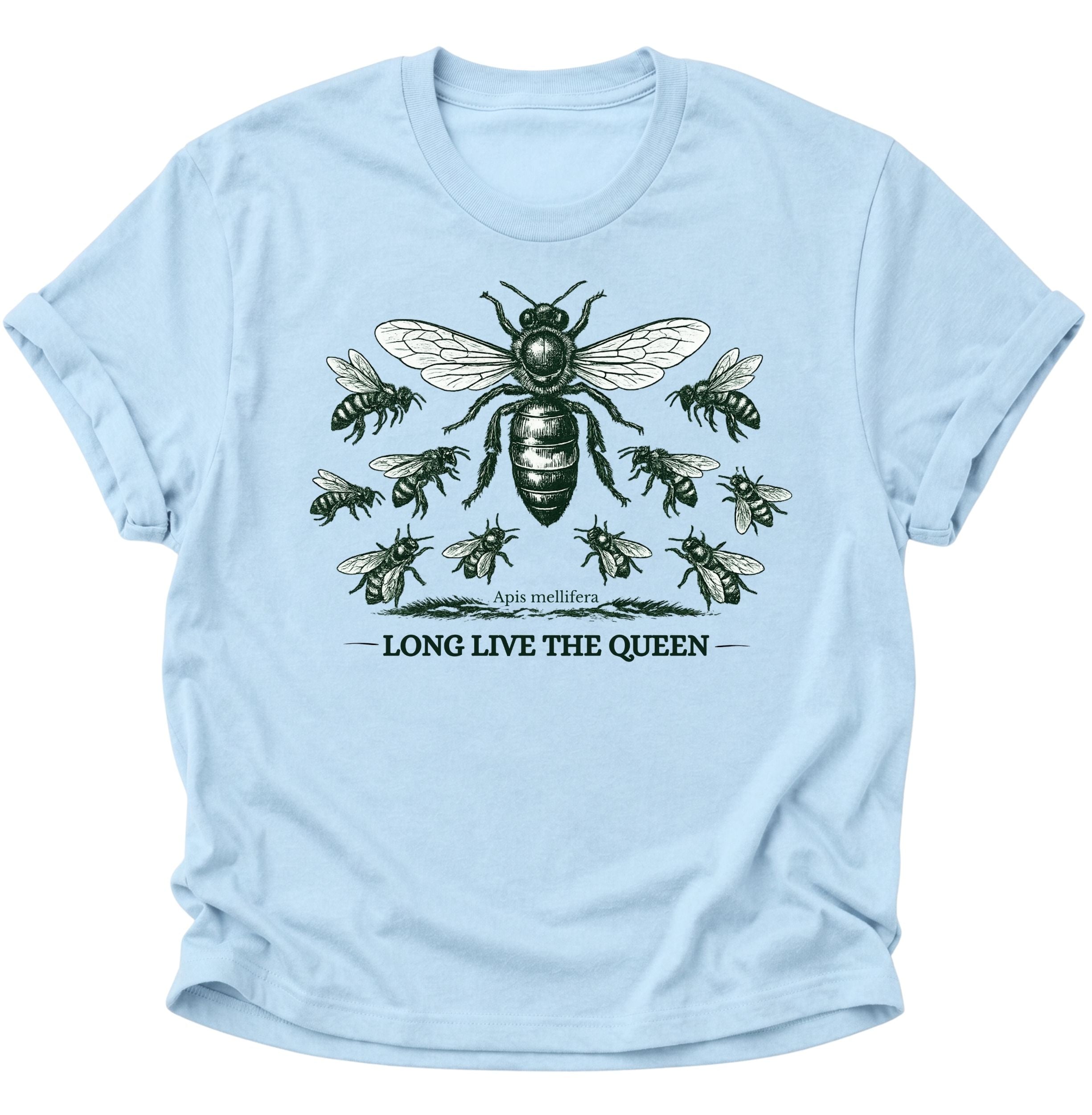 Light Blue Unisex T-Shirt mit Bienenkönigin, Arbeiterbienen und Vintage-Insektenmotiv von Pine & River.
