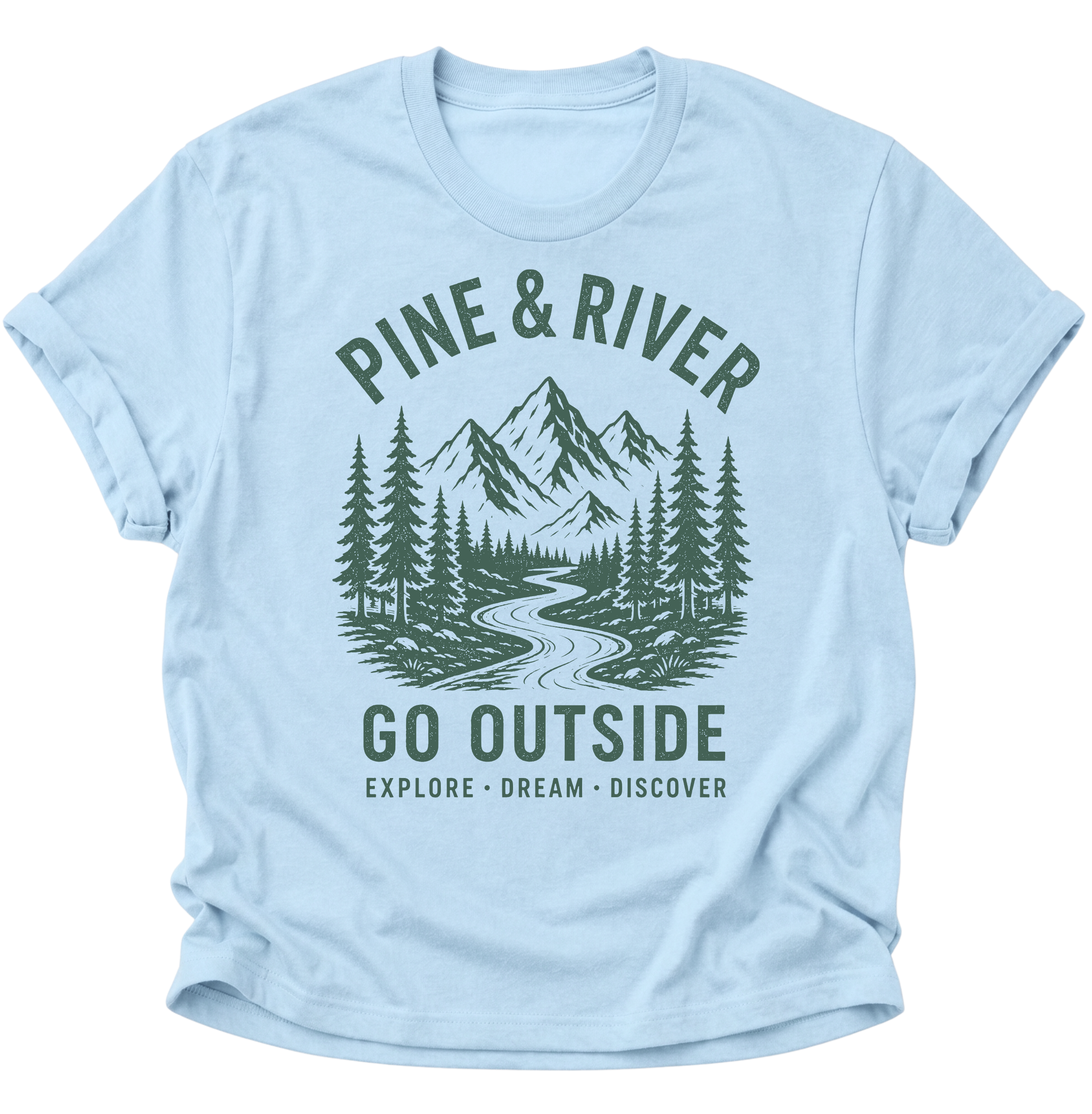 Unisex T-Shirt in Light Blue mit Berglandschaft und Tannen für Naturfreunde von Pine & River.
