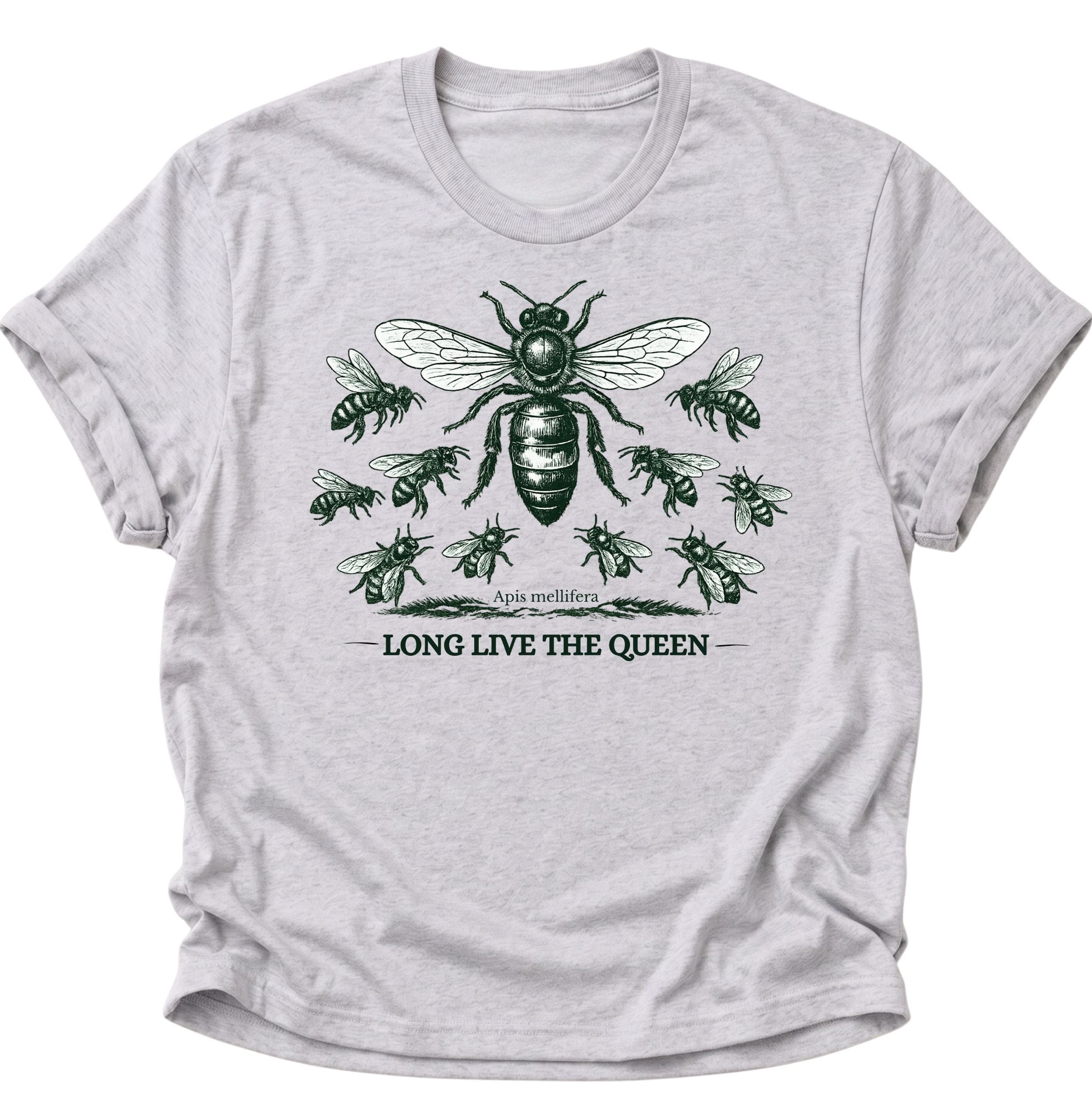 Ash Grey Unisex T-Shirt mit botanischer Bienenillustration und zentraler Bienenkönigin von Pine & River.
