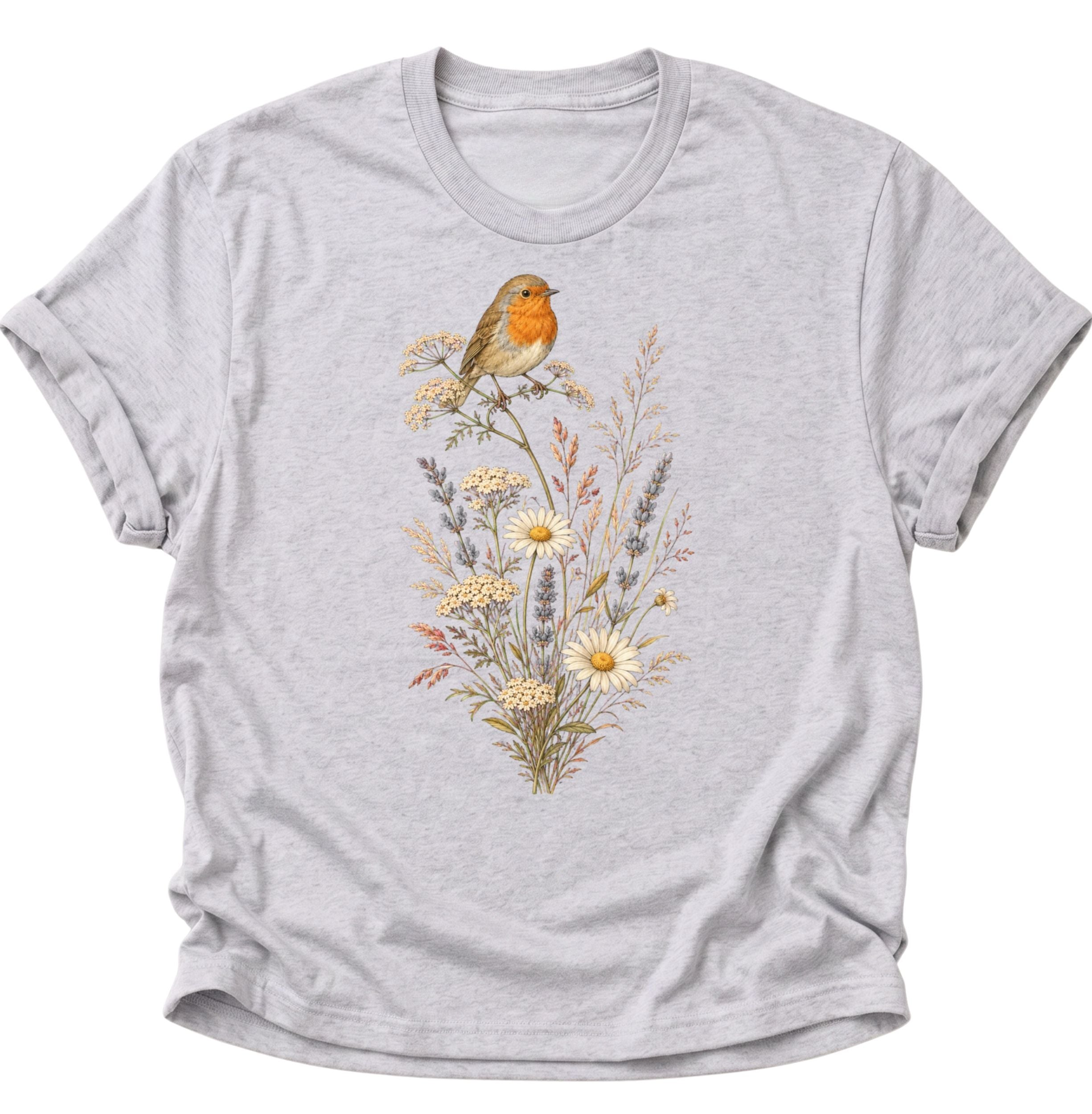 Ash Grey Unisex T-Shirt mit detailreichem Rotkehlchen auf einer blühenden Pflanzenrispe von Pine & River.
