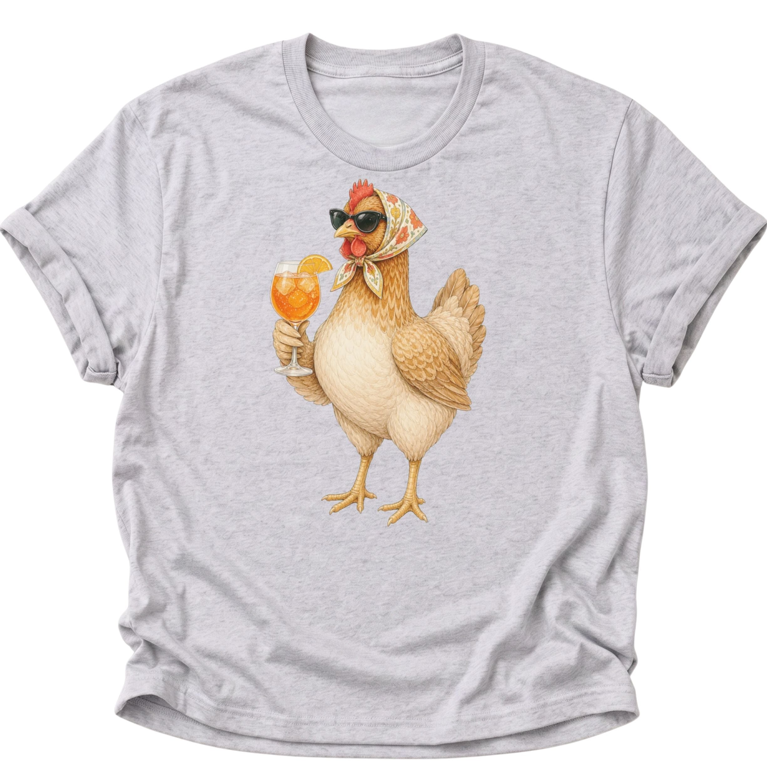 Ash Grey Unisex T-Shirt mit detailreicher Henne, floraler Haube und Cocktailglas mit Orangenscheibe von Pine & River.
