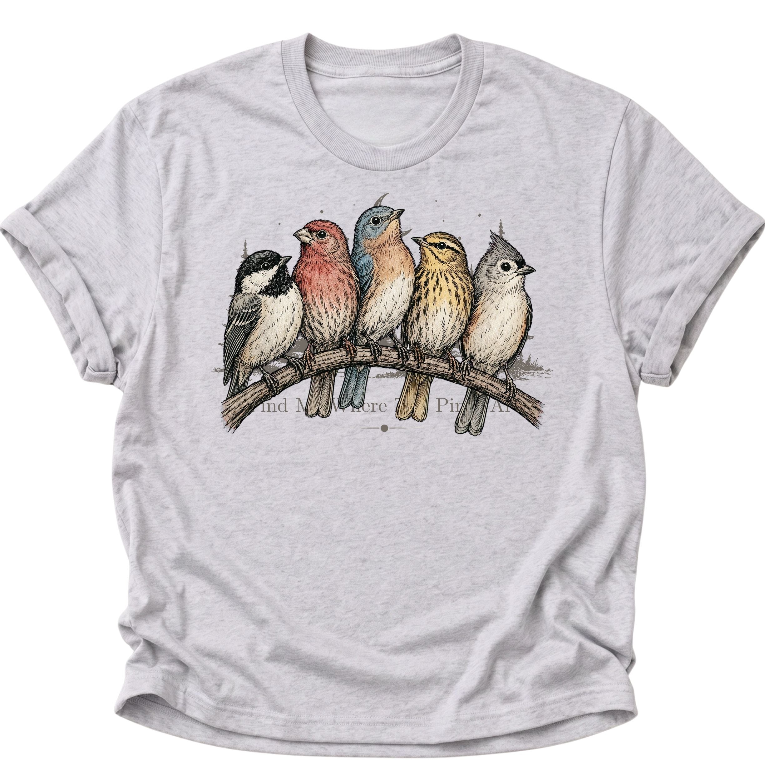 Ash Grey Unisex T-Shirt mit farbenfrohem Vogelmotiv und fünf Vögeln auf einem Ast von Pine & River.
