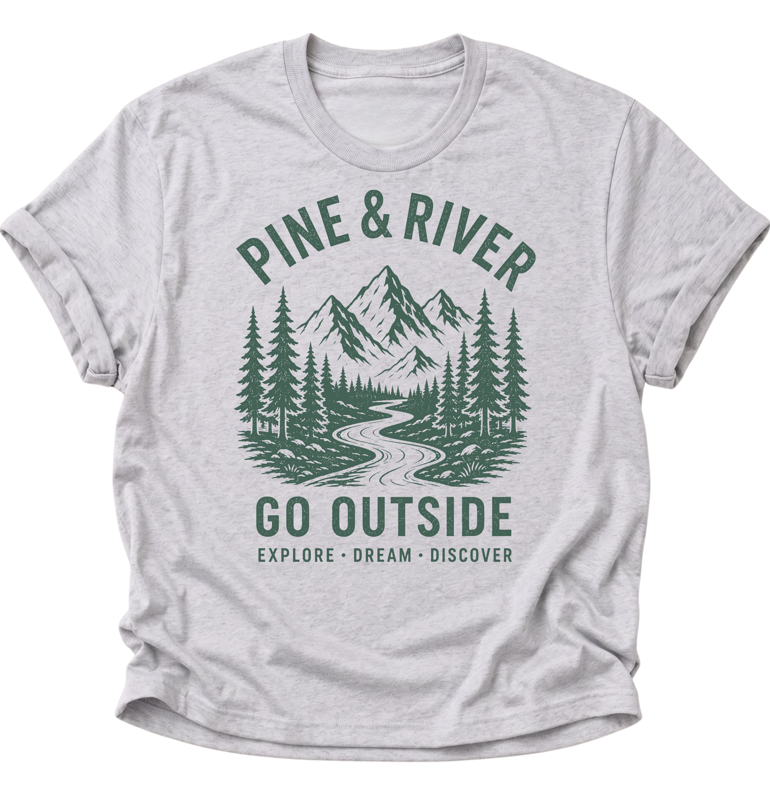 Unisex T-Shirt in Ash Grey mit Flusslandschaft, Bergen und Wald als Outdoor-Motiv von Pine & River.
