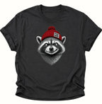 Schwarzes FCK NZS T-Shirt mit frechem Waschbär, roter Bommelmütze und Statement gegen Rechts
