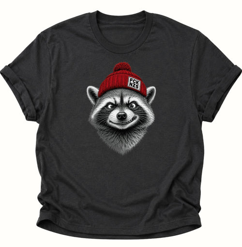 Schwarzes Anti Nazi T-Shirt mit frechem Waschbär, roter Bommelmütze und Statement gegen Rechts
