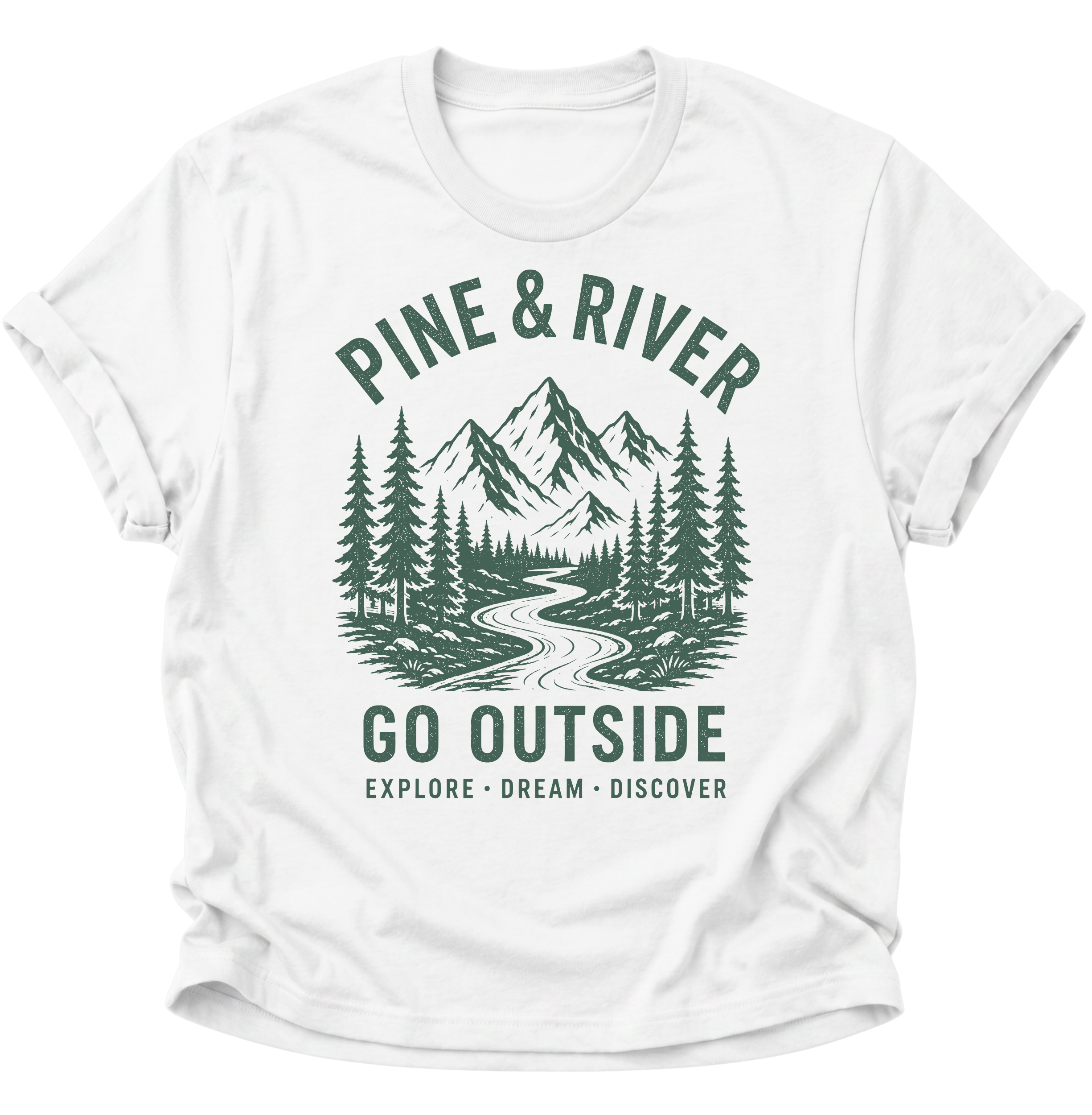 Unisex T-Shirt in Weiß mit Berg-, Wald- und Flussmotiv für Outdoor-Fans von Pine & River.
