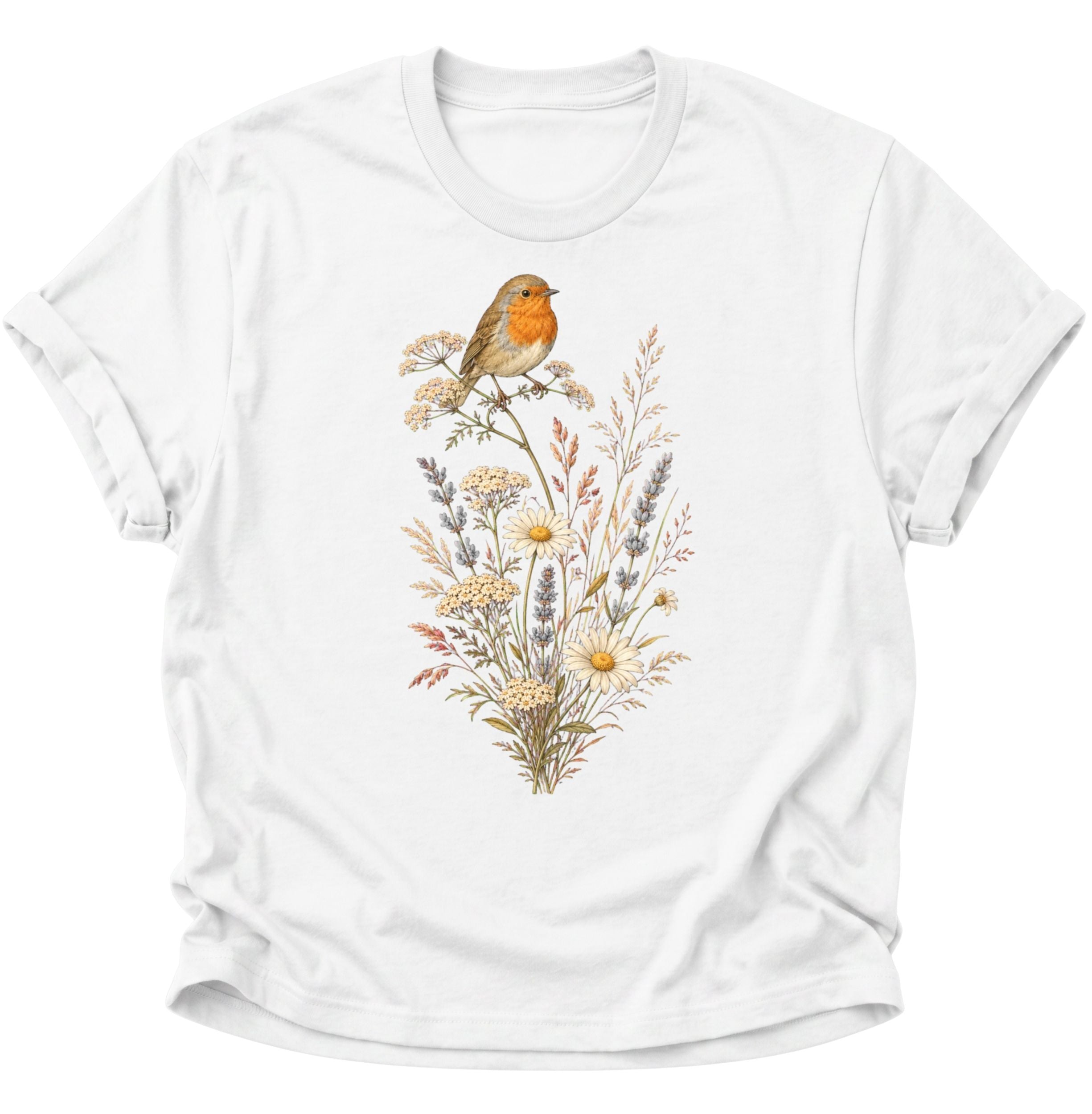 Weißes Unisex T-Shirt mit Rotkehlchen auf einem zarten Strauß aus Wildblumen von Pine & River.
