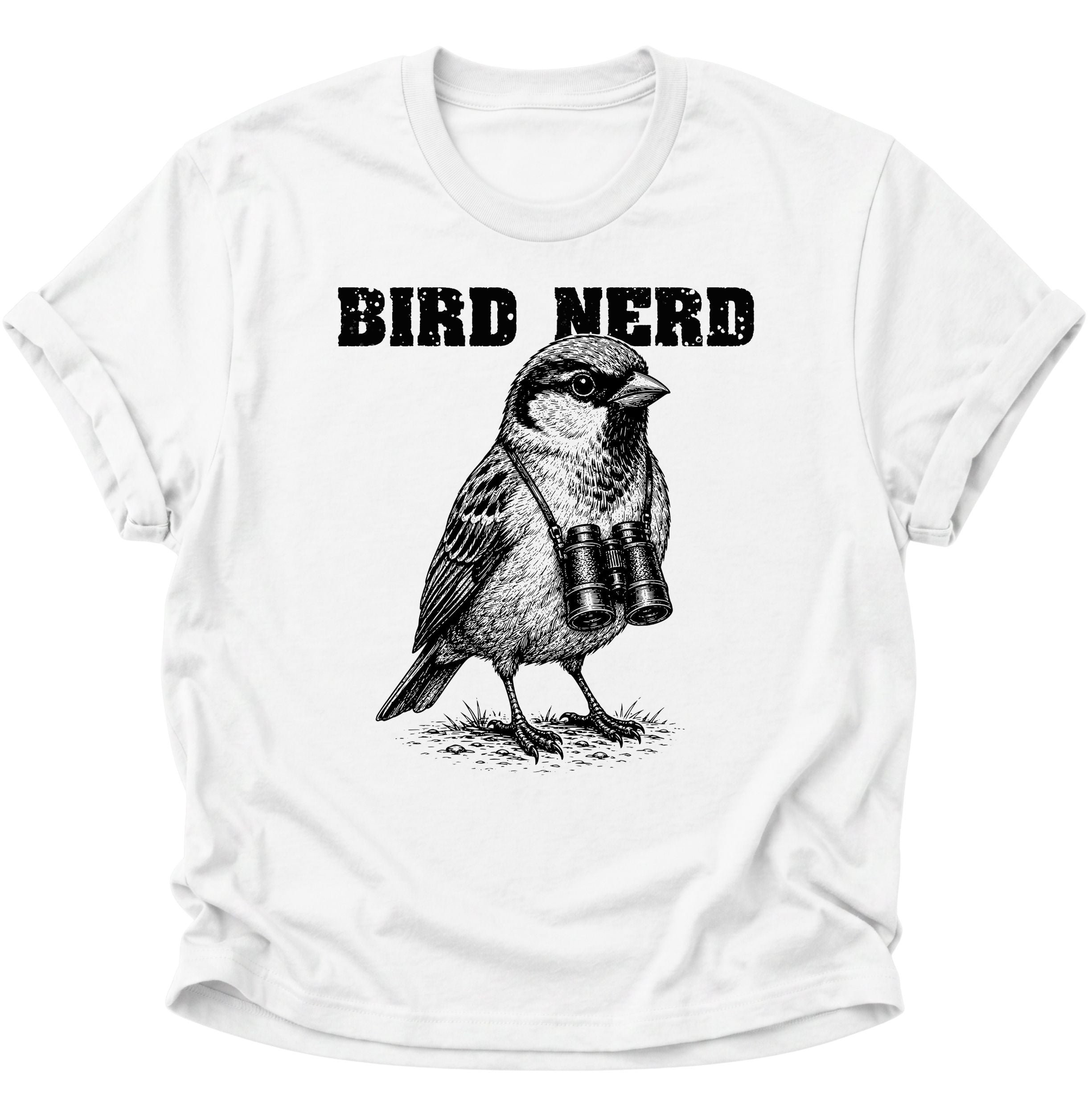 Weißes Unisex T-Shirt mit gezeichnetem Vogel, Fernglas und dem Schriftzug „BIRD NERD“ von Pine & River.
