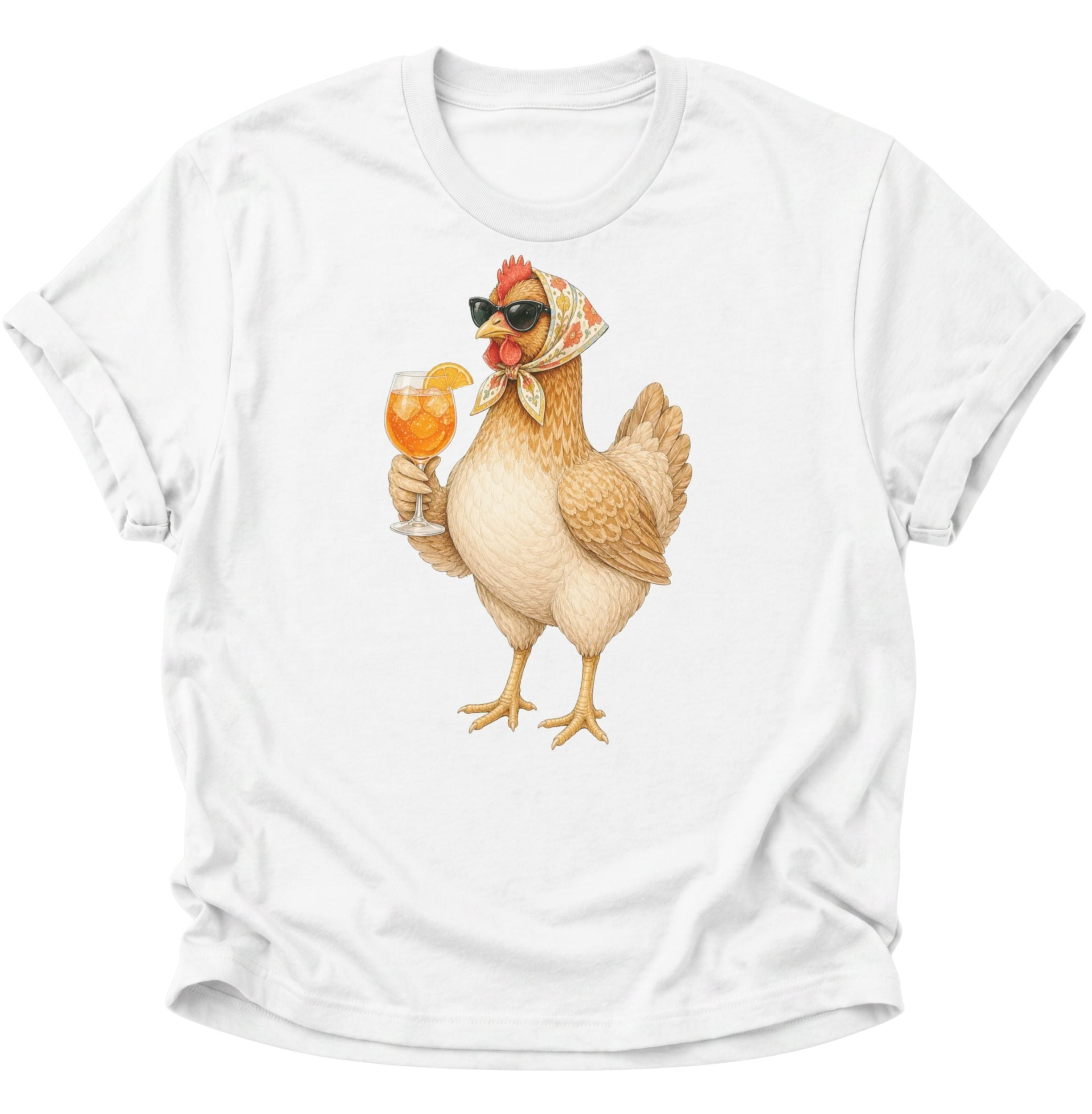Weißes Unisex T-Shirt mit Henne, geblümtem Kopftuch, Sonnenbrille und orangefarbenem Cocktail von Pine & River.
