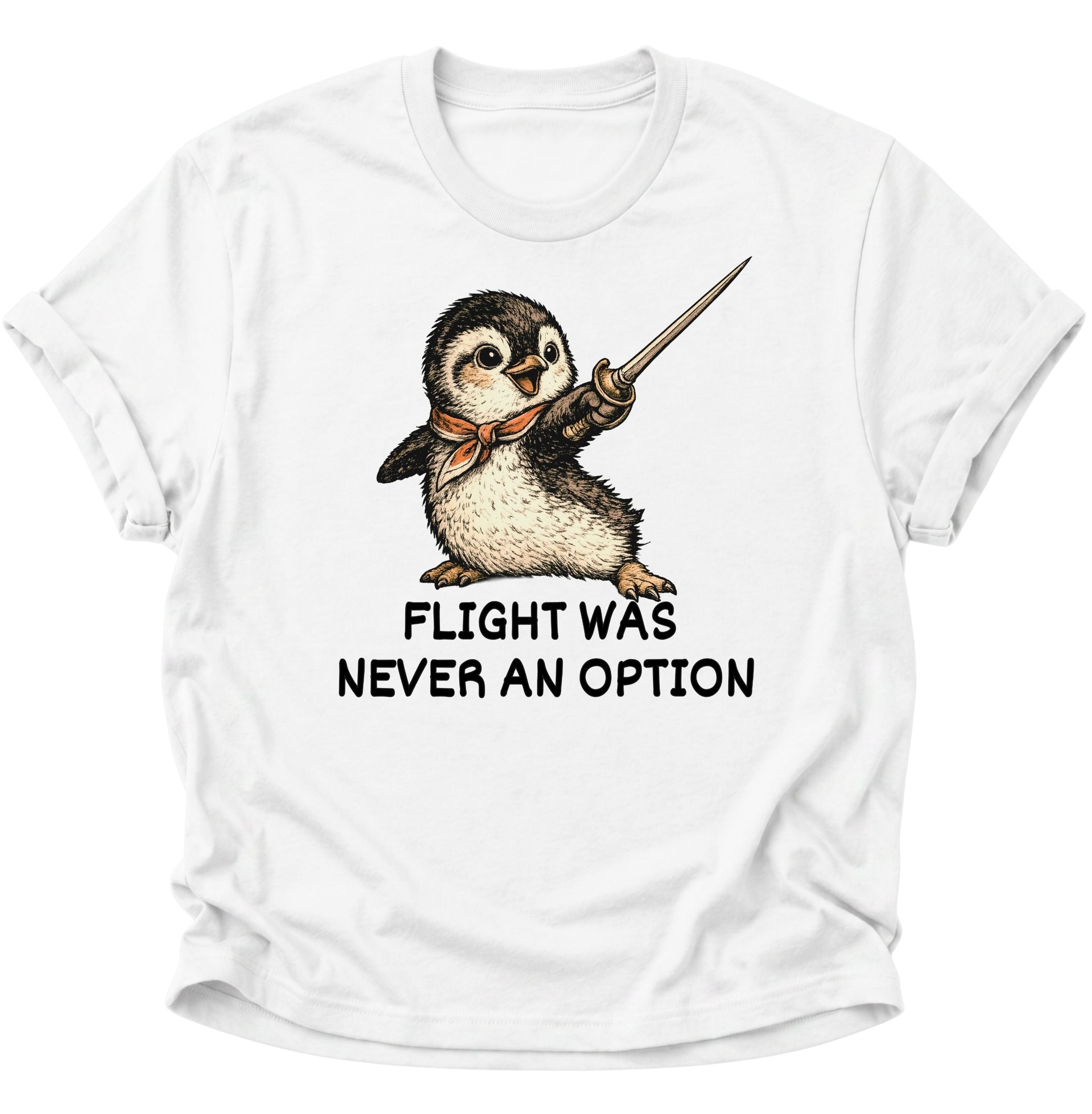 Weißes Unisex T-Shirt mit kämpferischem Pinguin, Degen und humorvollem Spruch von Pine & River.

