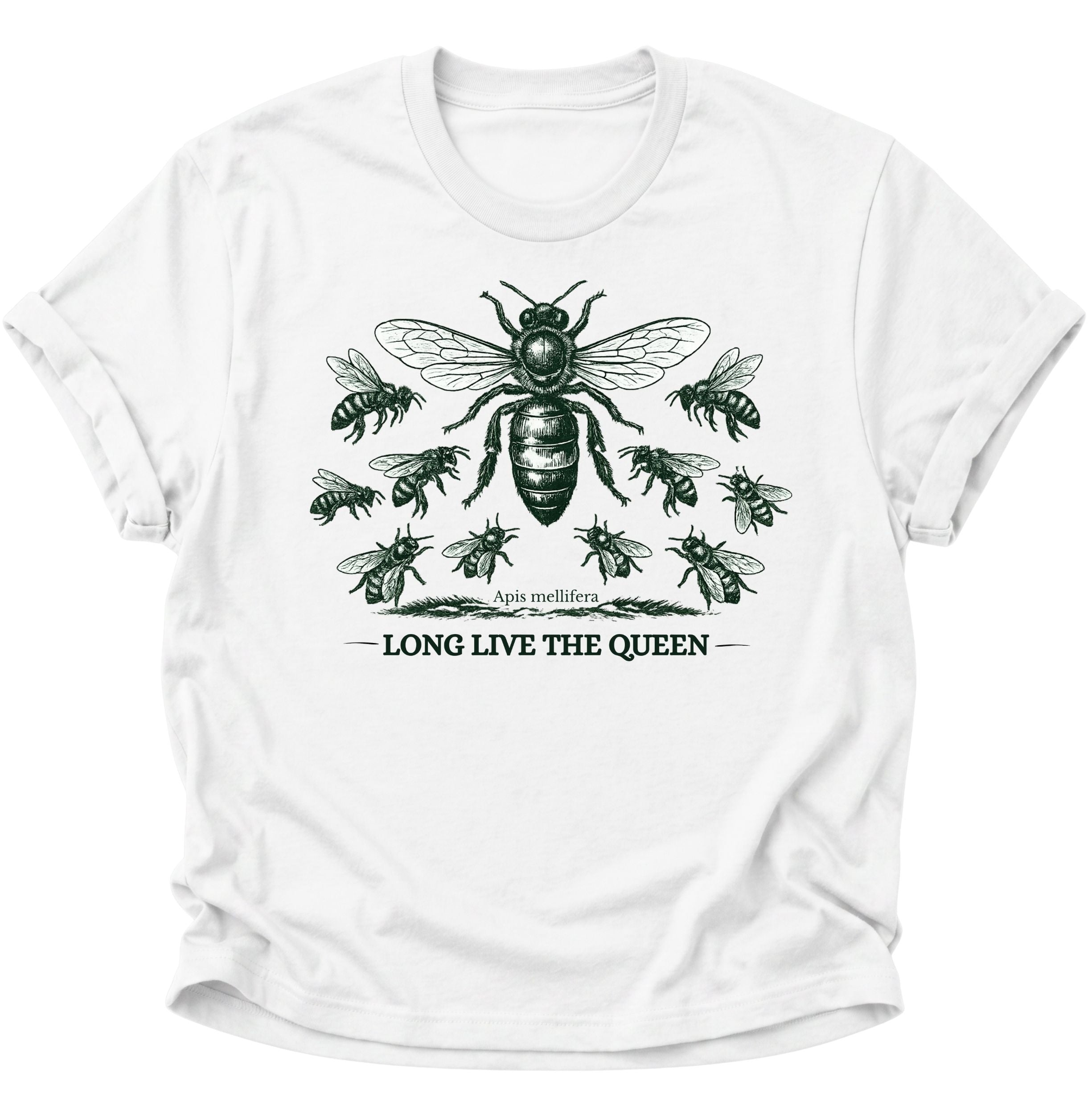 Weißes Unisex T-Shirt mit Bienenkönigin, Honigbienen und dem Schriftzug „Long Live the Queen“ von Pine & River.
