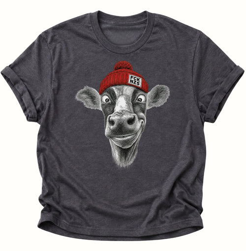 Kuh T-Shirt in Dark Heather mit detailreicher Kuh und roter Anti-Nazi Bommelmütze
